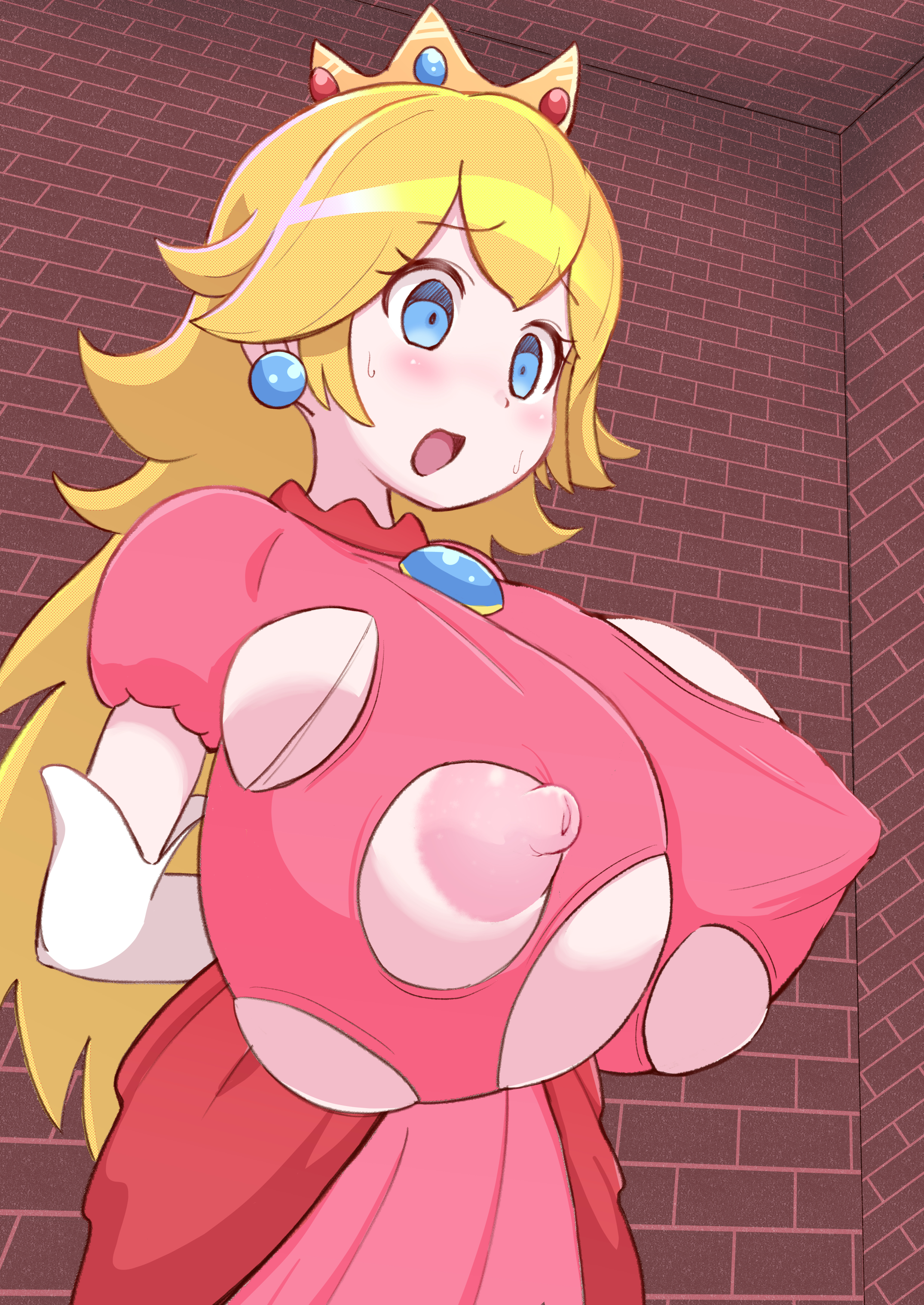 1girls, arms behind back, big breasts, blonde hair, blue eyes, breast expansion, breast growth, breast growth (enlargement), breasts, clothing, dress, elbow gloves, female, female focus, female only, gigantic breasts, gloves, huge breasts, indoors, kukanugi, large breasts, long hair, mario (series), nintendo, nipple bulge, nipples, open mouth, pink dress, princess peach, solo, solo female, solo focus, standing, torn clothes, very long hair