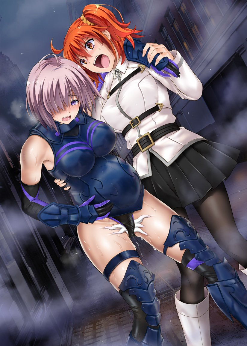 2girls armor armored_boots armored_leotard birth black_legwear black_pantyhose black_skirt bodysuit boots breastplate chaldea_uniform creature creature_inside cyclone elbow_gloves fate/grand_order fate_(series) fujimaru_ritsuka_(female) gloves high_heel_boots high_heels homunculus leotard mash_kyrielight miniskirt monster multiple_girls orange_eyes orange_hair pantyhose pleated_skirt pregnant purple_eyes pussy pussy_juice skirt sweat thighhighs what