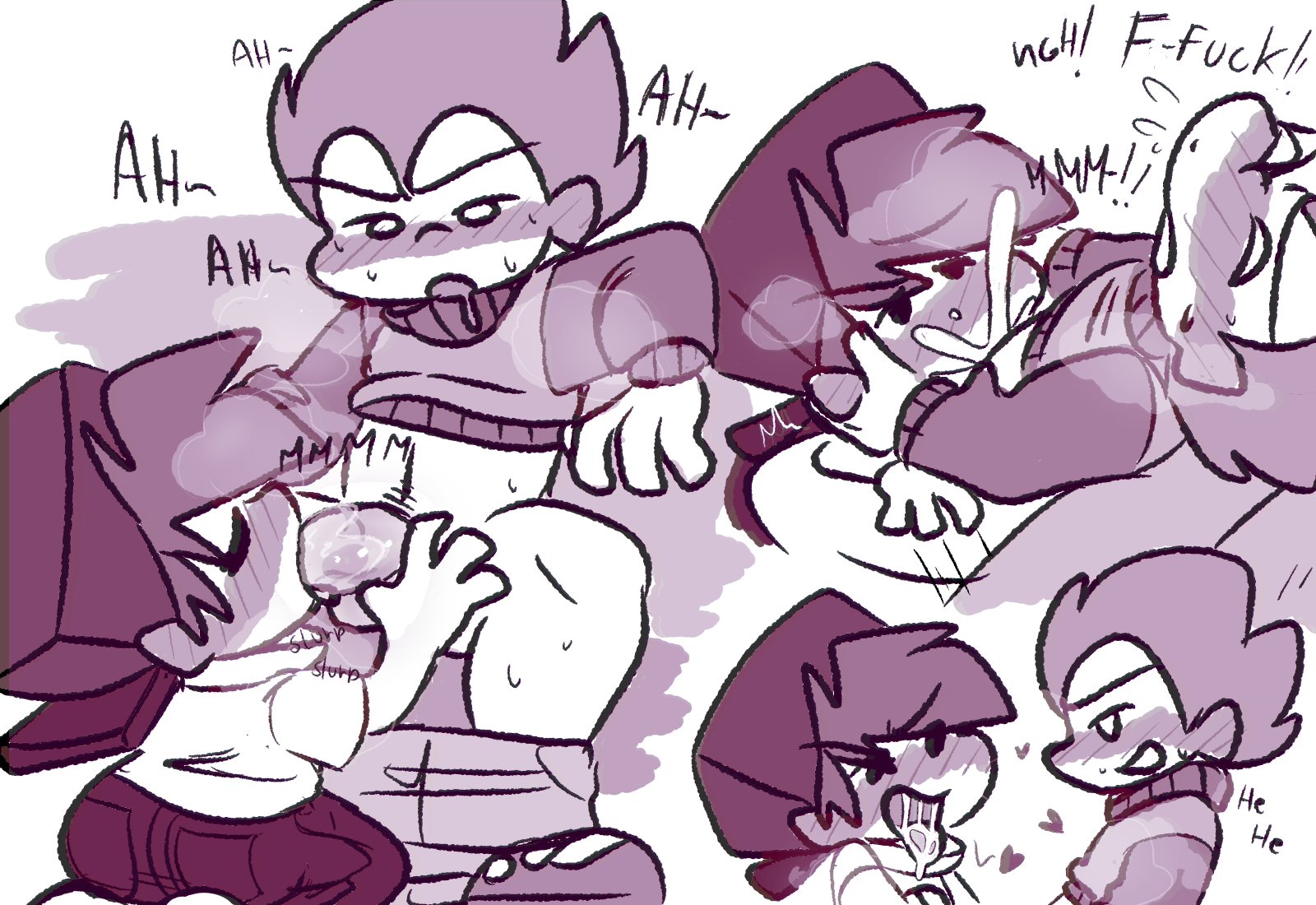2boys, blowjob, blush, boyfriend (friday night funkin), closed eyes, clothing, cum, cum in mouth, english text, fellatio, femboy, friday night funkin, gay, jeans, looking pleasured, male, partially clothed, penis, pico (newgrounds), stolida120, text, tongue, tongue out, yaoi