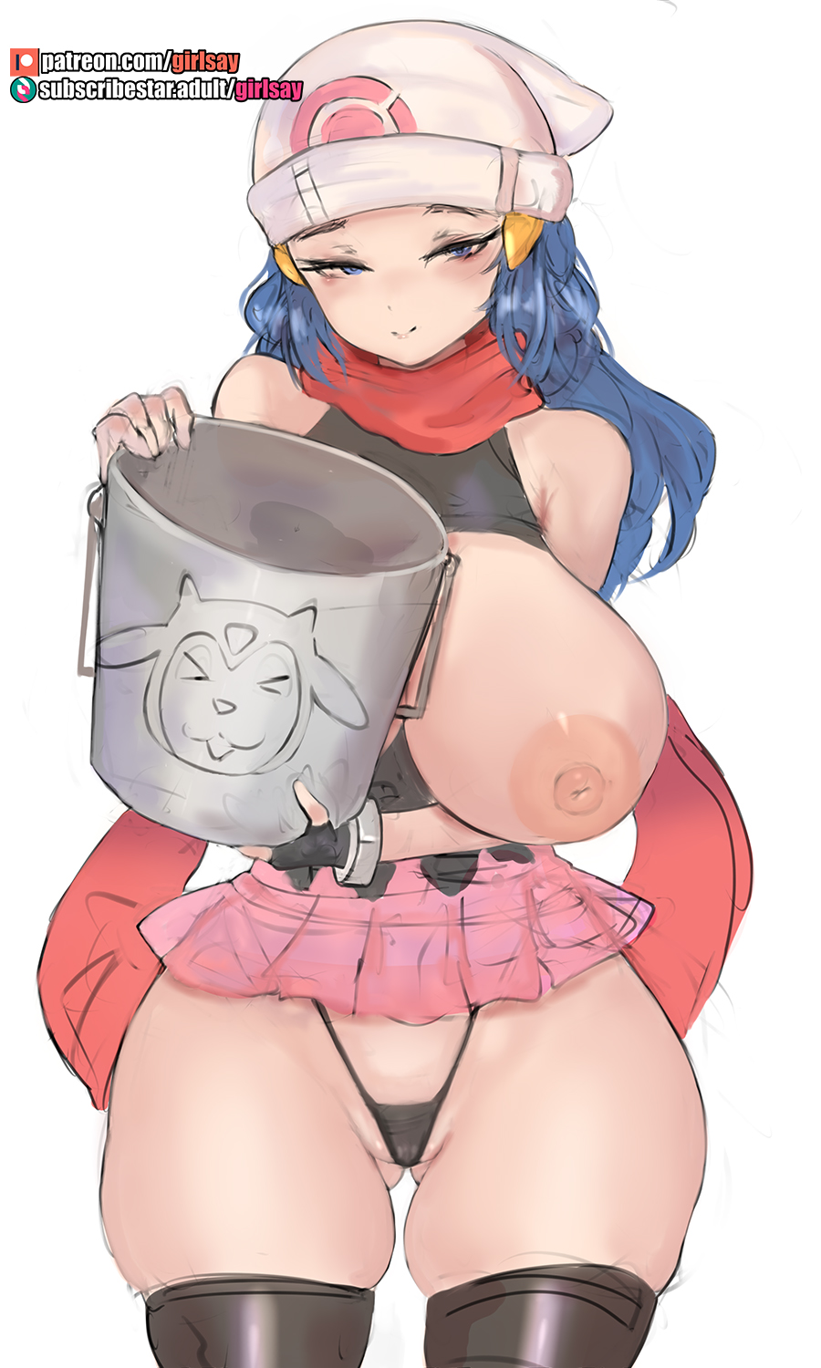 1girls alternate_breast_size areolae big_areola big_breasts big_nipples blue_hair breasts bucket cameltoe dawn_(pokemon) female female_only girlsay hat huge_breasts large_breasts miniskirt nipples pink_skirt pokemon scarf short_skirt skirt solo solo_female tagme thong tight_clothing wide_hips