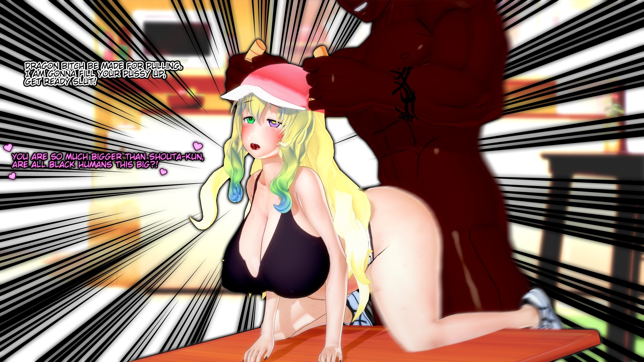 1girls, 3d, blacked, blacked clothing, breasts, dark skin, dark-skinned male, doggy style, english text, female, handlebars, horn grab, horns, interracial, koikatsu, large breasts, male, miss kobayashi's dragon maid, numbersguy, quetzalcoatl (dragon maid), text, thick thighs, thin arms