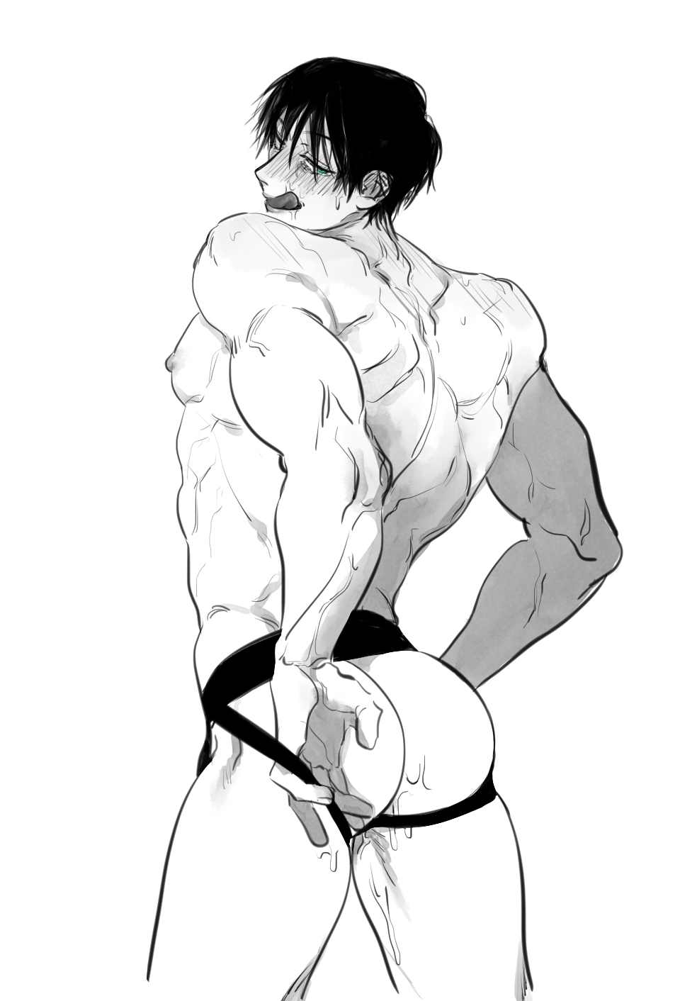 1boy, ass, black and white, dilf, jockstrap, jujutsu kaisen, male, male only, pasinee1855, solo, solo male, tagme, toji fushiguro, tongue, tongue out