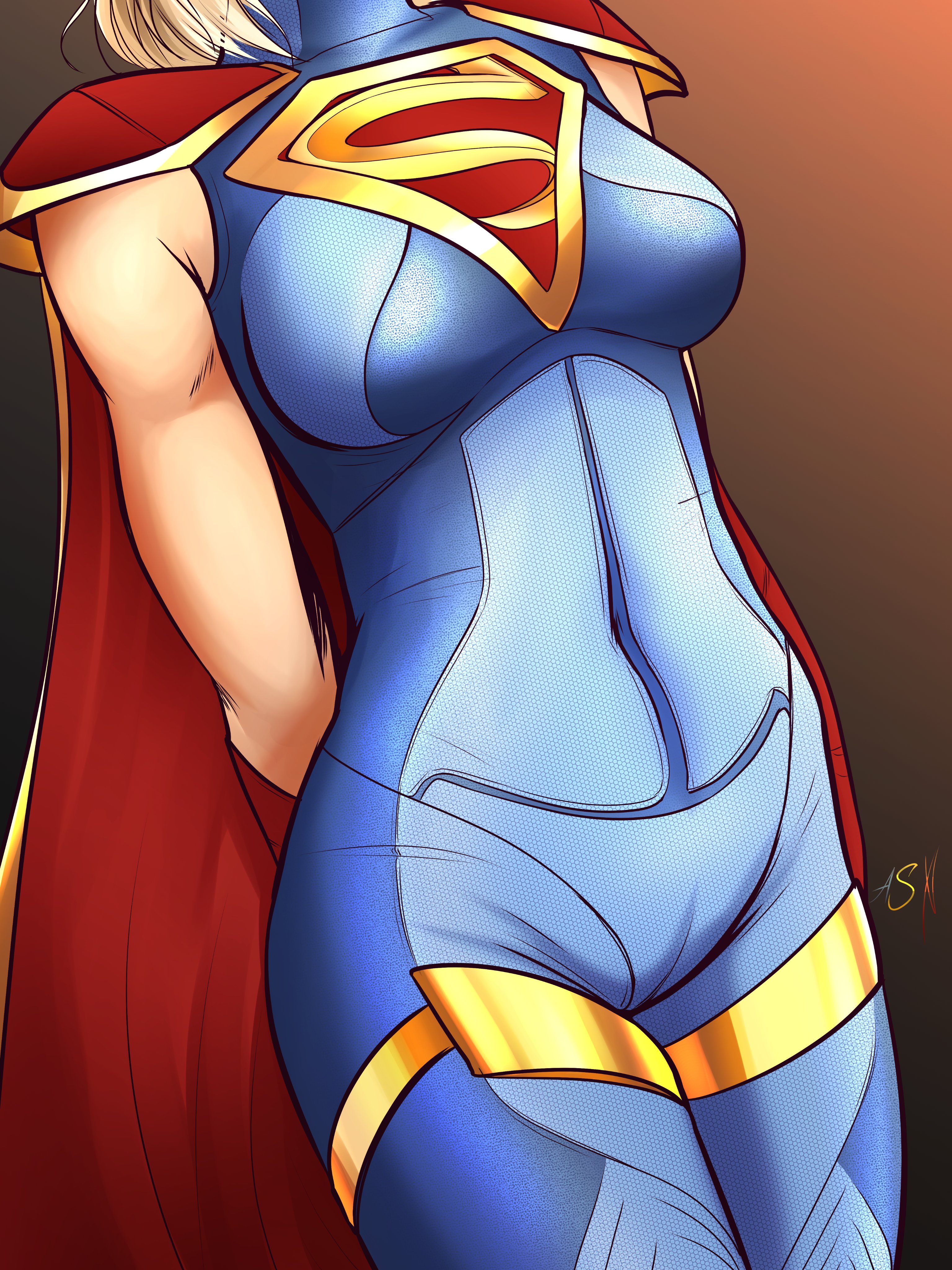 1girls, applespicex, big breasts, breasts, cameltoe, dc, dc comics, female, female only, fully clothed, head out of frame, injustice 2, kara danvers, kara zor-el, low-angle view, out of frame, pussy, signature, solo, supergirl, superman (series), text