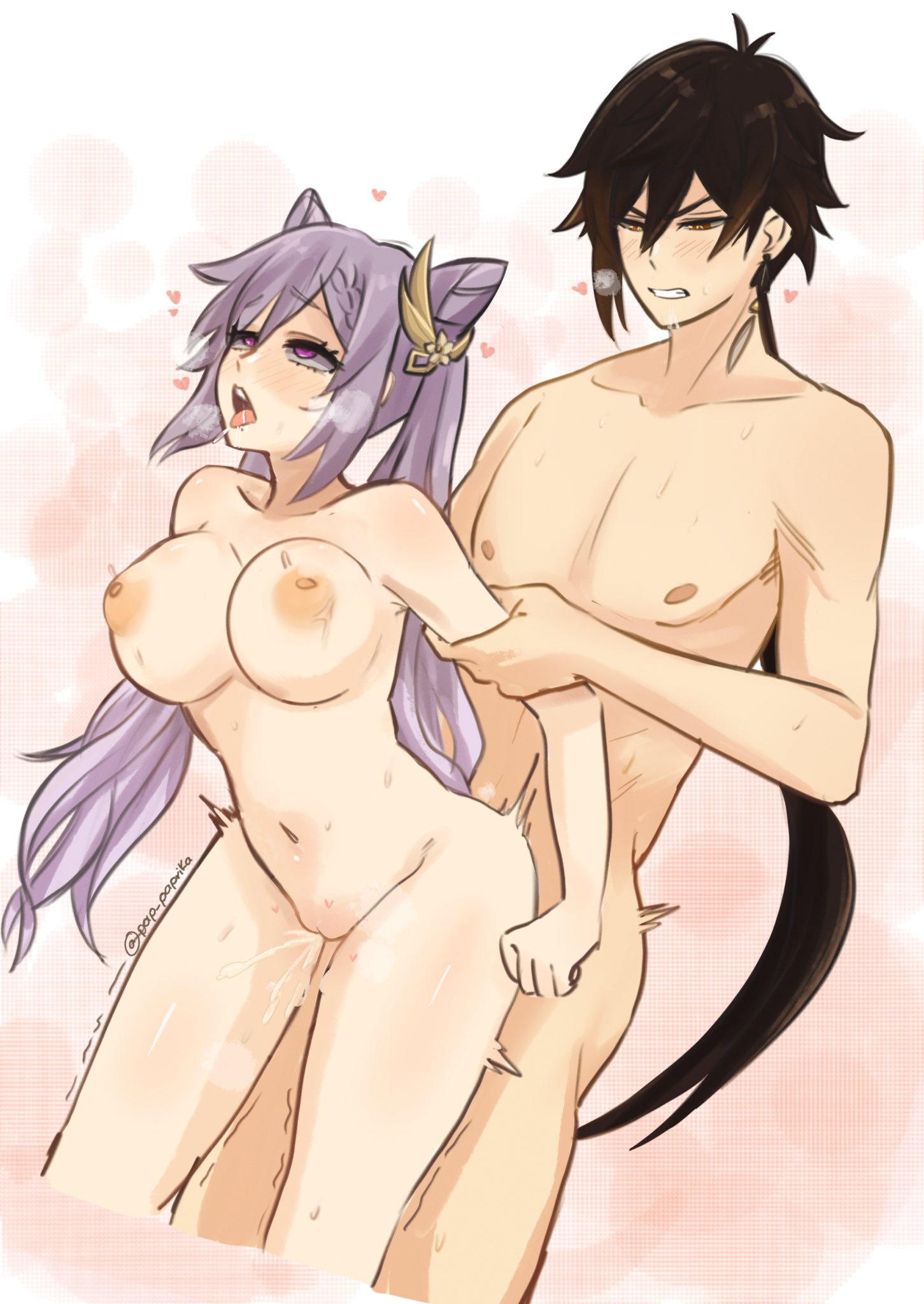 1boy, 1girls, beige skin, breasts, female, from behind, genshin impact, grabbing arm, keqing (genshin impact), male, pap paprika, penetration, sex, size difference, standing sex, straight, tan skin, twintails, zhongli (genshin impact)