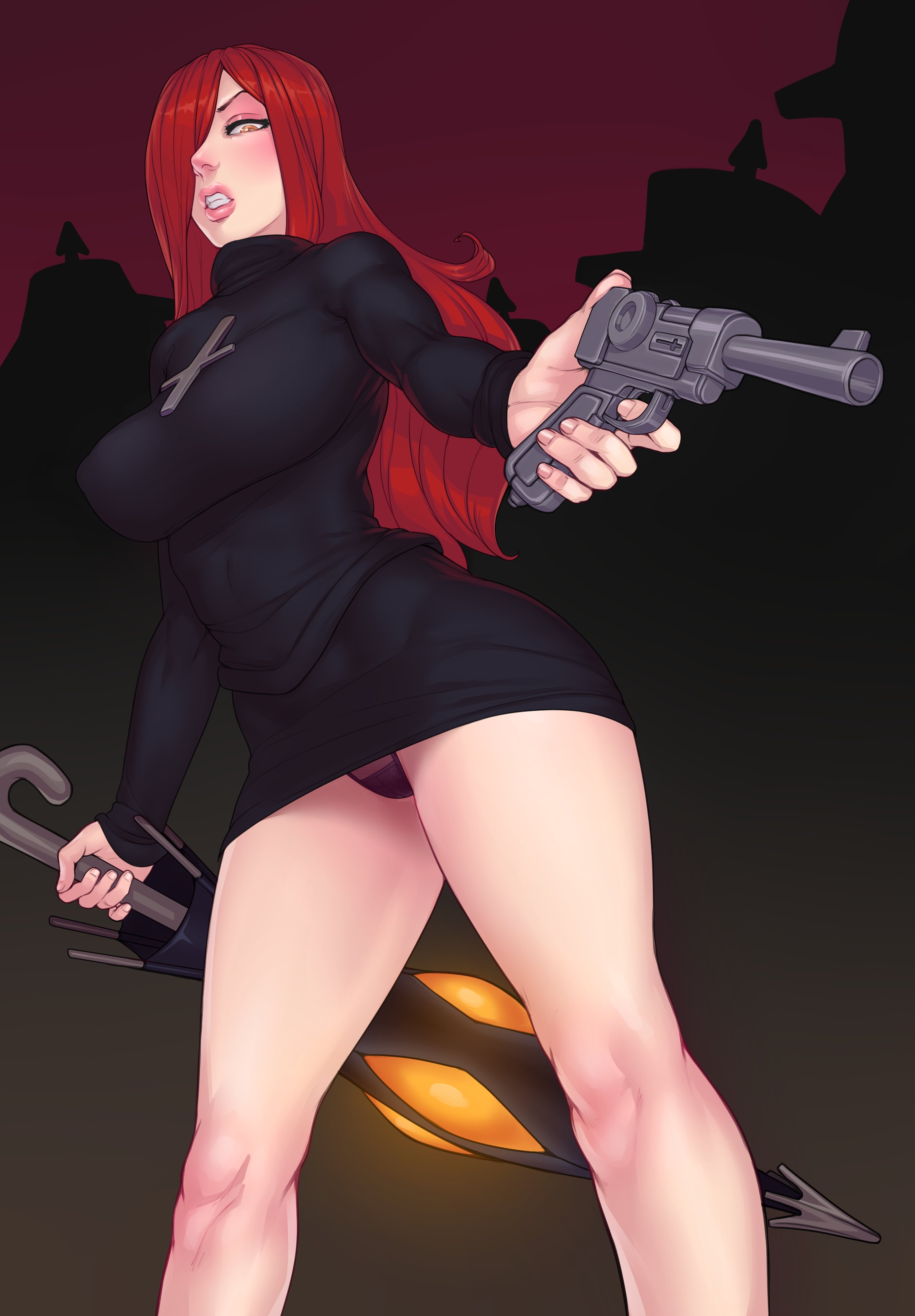 1girls, big breasts, breasts, female, female only, fizzz, gun, krieg (skullgirls), large breasts, panties, pantyshot, pantyshot (standing), parasoul, skullgirls, solo