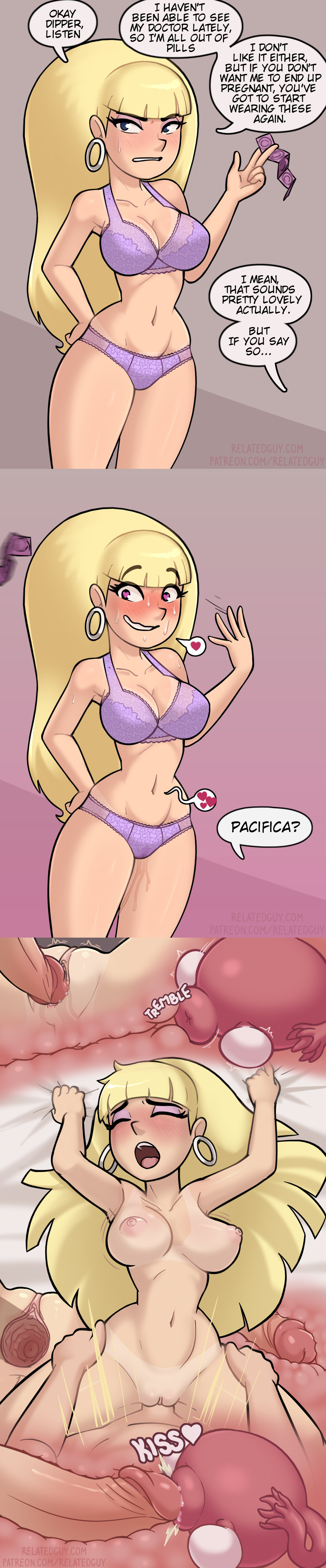 1girls, 2d, bedroom eyes, big breasts, big penis, blonde hair, blue eyes, blush, bra, bracelet, breasts, cervix, cervix kiss, clothing, color, comic, condom, condom packet strip, condom rejection, condom wrapper, deep penetration, dick, dipcifica, dipper pines, disney, disney channel, disney xd, english text, fallopian tubes, female, female focus, female penetrated, fucked silly, gravity falls, heart, heart eyes, holding condom, human, human penetrated, human penetrating, impregnation risk, large breasts, legs together, long hair, looking at viewer, looking pleasured, loving it, male, matching underwear, naked, naked female, narrowed eyes, nipples, nude, nude female, open mouth, ovaries, pacifica northwest, pale skin, panties, penetration, penis, pink nipples, purple bra, purple panties, pussy, relatedguy, sex, small waist, speech bubble, spread legs, straight hair, stretched pussy, text, thick penis, thick thighs, throbbing uterus, underwear, unprotected sex, unseen male face, uterus, vaginal juices, vaginal penetration, western art, wide hips, womb, x-ray