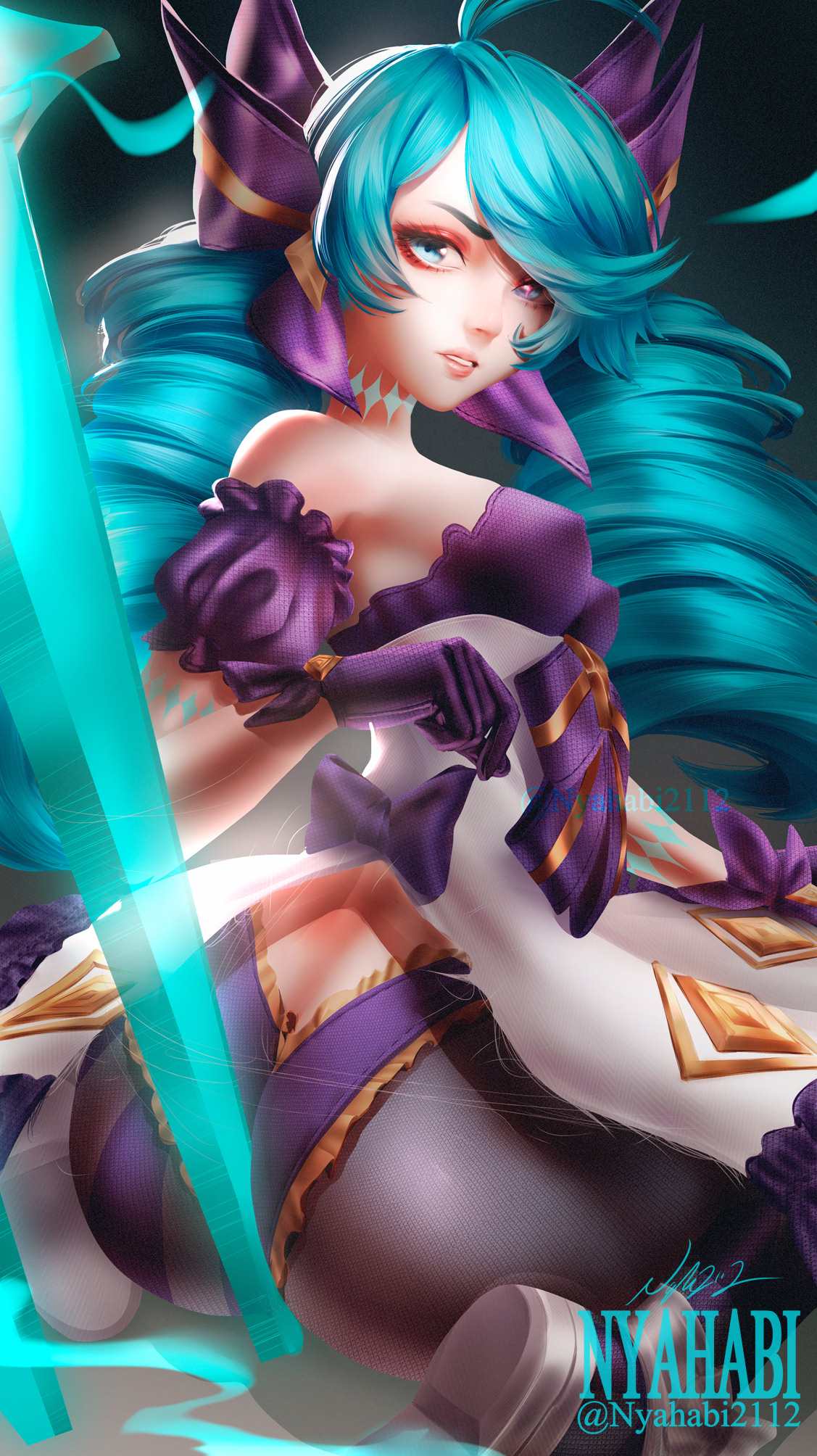 1girls, aqua hair, artist name, ass, big ass, breasts, dress, drill hair, female, gloves, gwen (league of legends), hair bow, league of legends, lingerie, looking at viewer, looking back, nyahabi2112, panties, scissors, shoes, signature, solo, twin drills, twintails, weapon