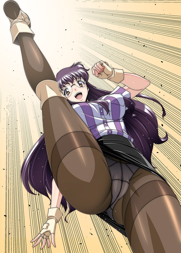 1girls 2020 :d ass big_ass black_hair boots breasts brown_eyes brown_gloves cameltoe clothed clothing erect_nipples erect_nipples_under_clothes eyebrows_visible_through_hair female female_only fingerless_gloves fully_clothed glasses gloves hamon_ai highres imminent_kick imminent_pain kaori_yanase kicking knee_pads large_breasts long_hair looking_at_viewer looking_down motion_lines open_mouth panties pantyhose pantyshot pov shirt simple_background smile solo splits spread_legs standing standing_split striped_shirt stripes teeth thick_thighs thighs tongue underwear uniform upskirt variable_geo very_long_hair waitress white_panties