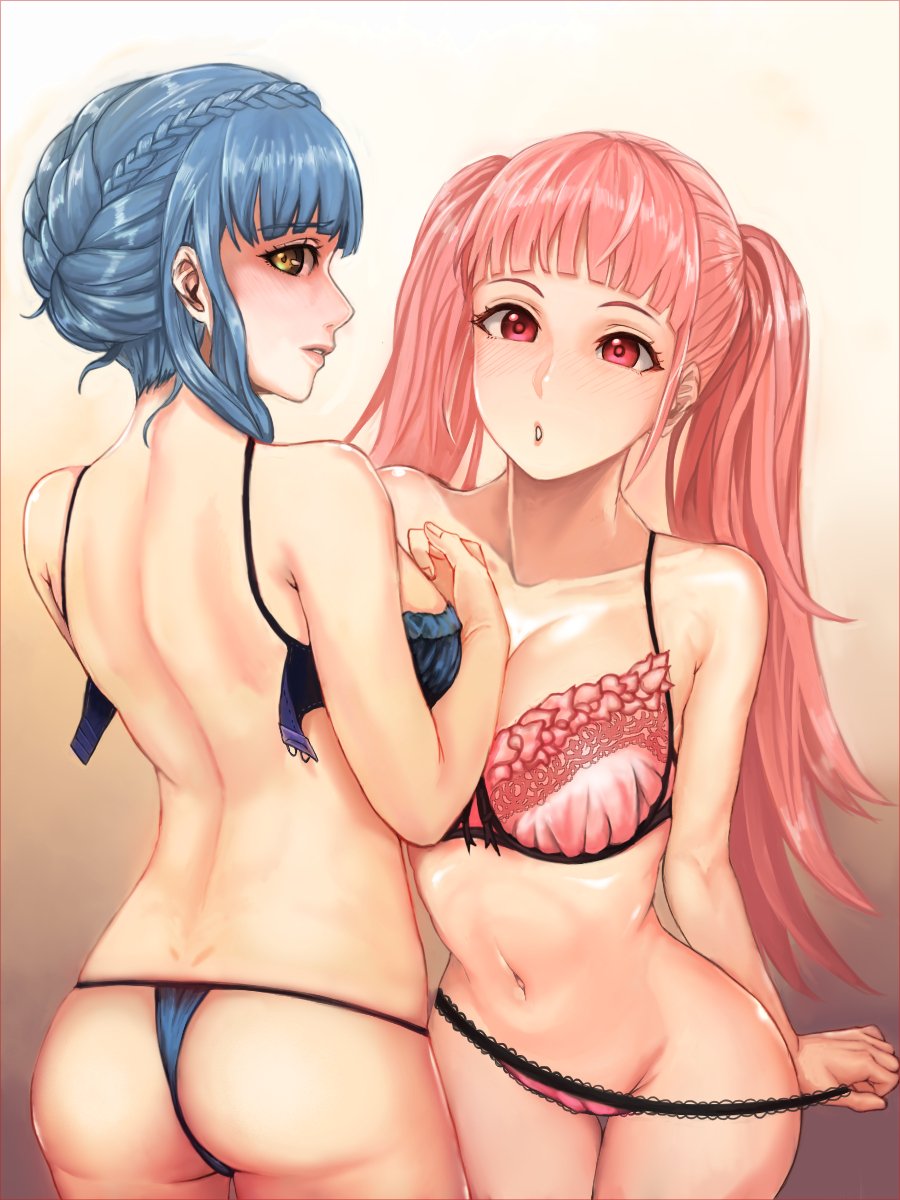 2girls, ass, blue bra, blue hair, blue panties, bra, breasts, brown eyes, cleavage, female, female only, fire emblem, fire emblem: three houses, gradient, gradient background, highres, hilda valentine goneril, long hair, lowleg, lowleg panties, marianne von edmund, multiple females, multiple girls, navel, nintendo, open mouth, panties, parted lips, partially visible vulva, pink bra, pink eyes, pink hair, pink panties, pocari66, pussy, simple background, string panties, thigh gap, thong, twintails, underwear, undressing