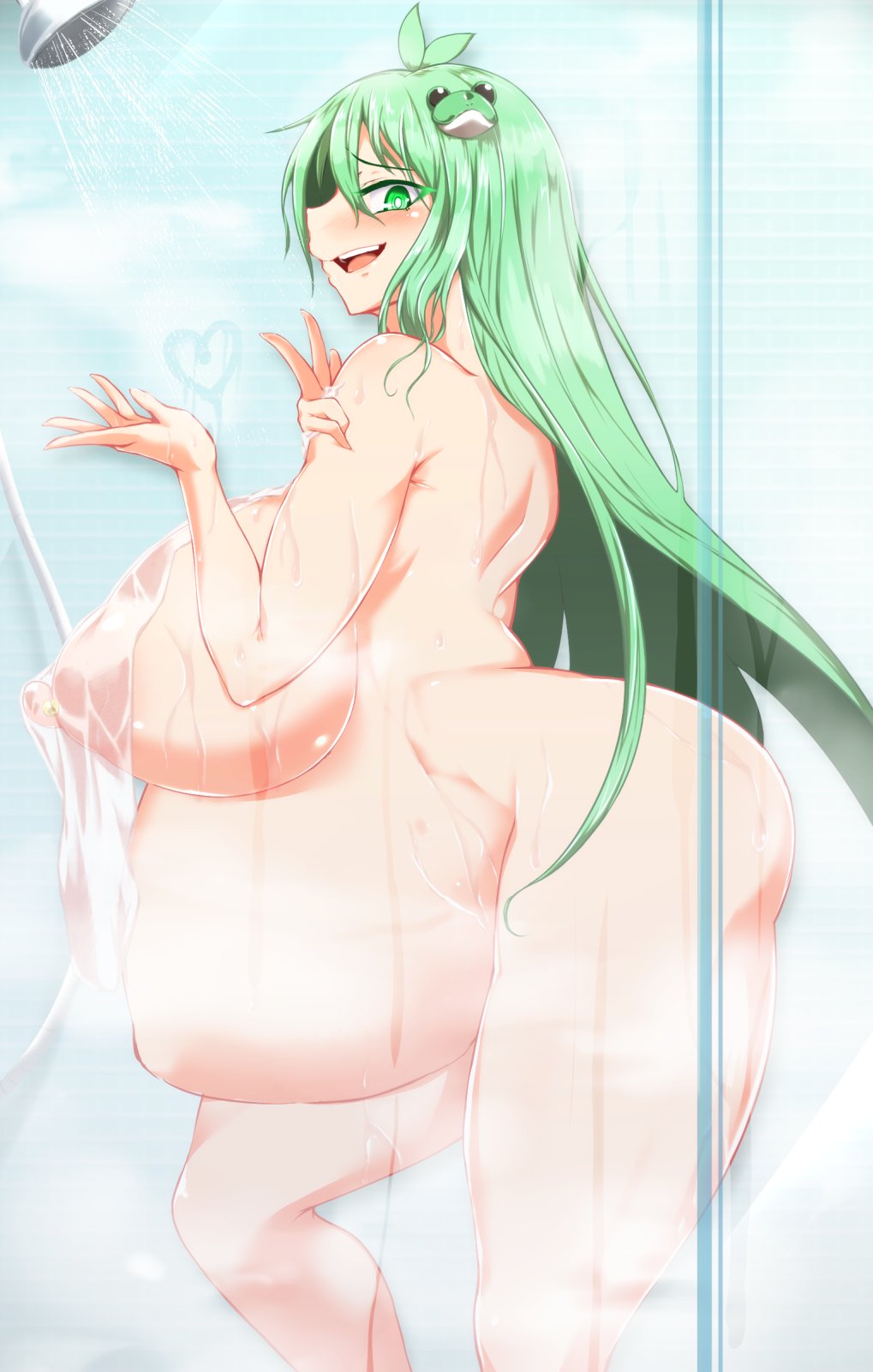1girls, bloated belly, breasts, female, hyper pregnancy, nude, nude female, pandain, pregnant, sanae kochiya, shower, tagme, touhou