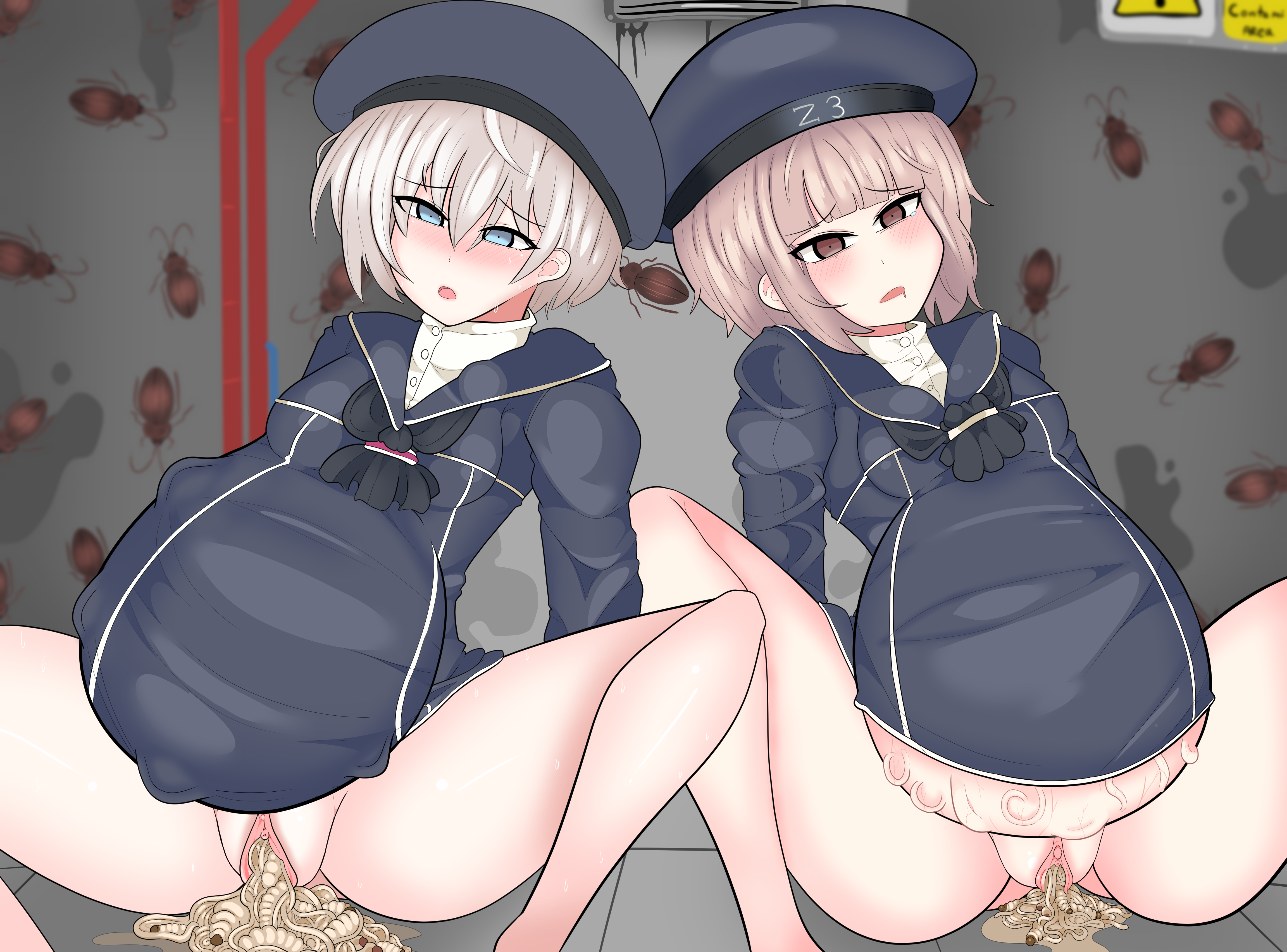 2girls, birth, birthing, cockroach, creature, creature inside, domaniax, dubious consent, empty eyes, female, fetal movement, huge belly, kantai collection, looking at viewer, maggot, monster, multiple females, multiple girls, multiple pregnancies, parasite, pregnant, questionable consent, ready to pop, umbilical cord, worms, z1 leberecht maass (kantai collection), z3 max schultz (kantai collection), zoophilia