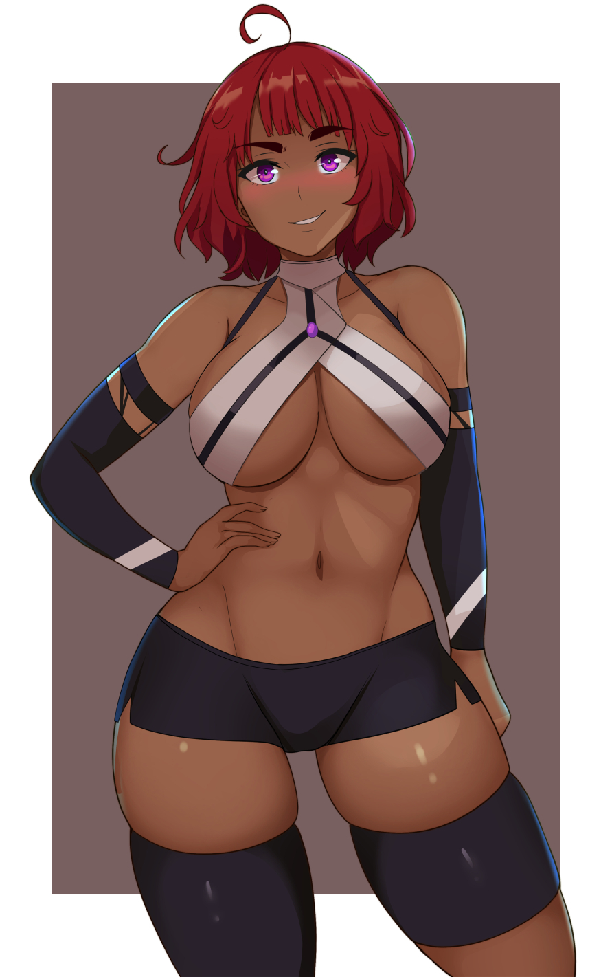 1girls, 2021, armwear, bare shoulders, big breasts, black armwear, blush, breasts, cleavage, clothing, dark skin, dark-skinned female, eyebrows, eyelashes, female, female focus, female only, lainart, large breasts, looking at viewer, meiko (lainart), original, original character, purple eyes, red hair, short hair, simple background, skindentation, solo, solo female, solo focus, standing, thick thighs, wide hips