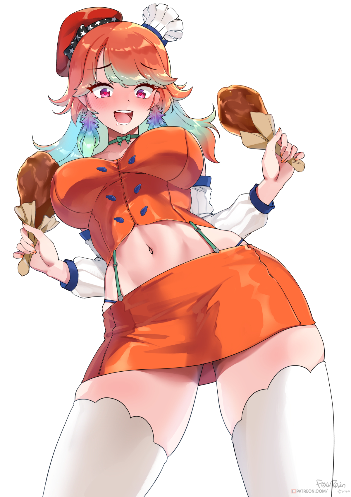 :d, 1girls, anime style, armwear, bare shoulders, beret, blush, chef hat, chicken, cleavage, detached sleeves, embarrassed, female, food, foxy rain (foxyreine), foxyrain (foxyreine), foxyreine, from below, hat, heart-shaped pupils, hololive, hololive english, hololive myth, microskirt, midriff, miniskirt, multicolored hair, multiple hats, navel, orange hair, orange hat, orange shirt, orange skirt, purple eyes, red beret, red hat, salivating, shirt, skirt, solo, stockings, stomach, takanashi kiara, takanashi kiara (1st costume), thick thighs, thighhighs, vest, virtual youtuber, white armwear, white background, white legwear, white stockings, white thighhighs