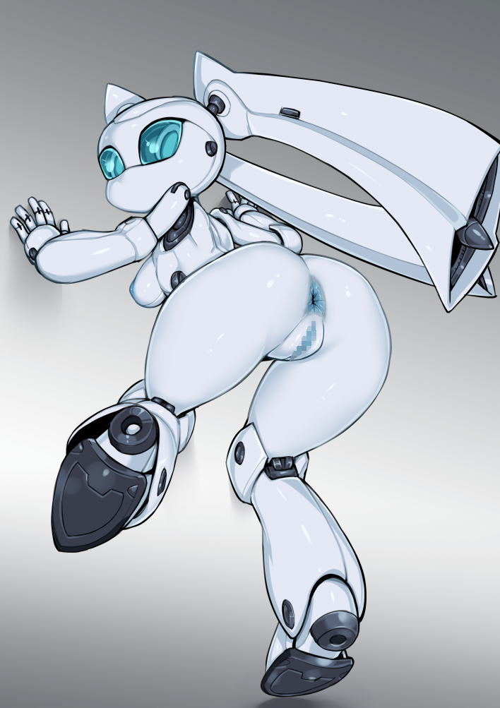 1girls, android, anus, ass, blue eyes, blue nipples, blue pussy, blue sclera, breasts, censored, disney, drossel von flugel, female, fireball (series), full body, gradient, gradient background, hybrid, light skin, light-skinned female, looking at viewer, looking back, mosaic censoring, nipples, no mouth, no nose, pale skin, pale-skinned female, pochincoff, pussy, robot, robot girl, sideboob, simple background, white background, white breasts