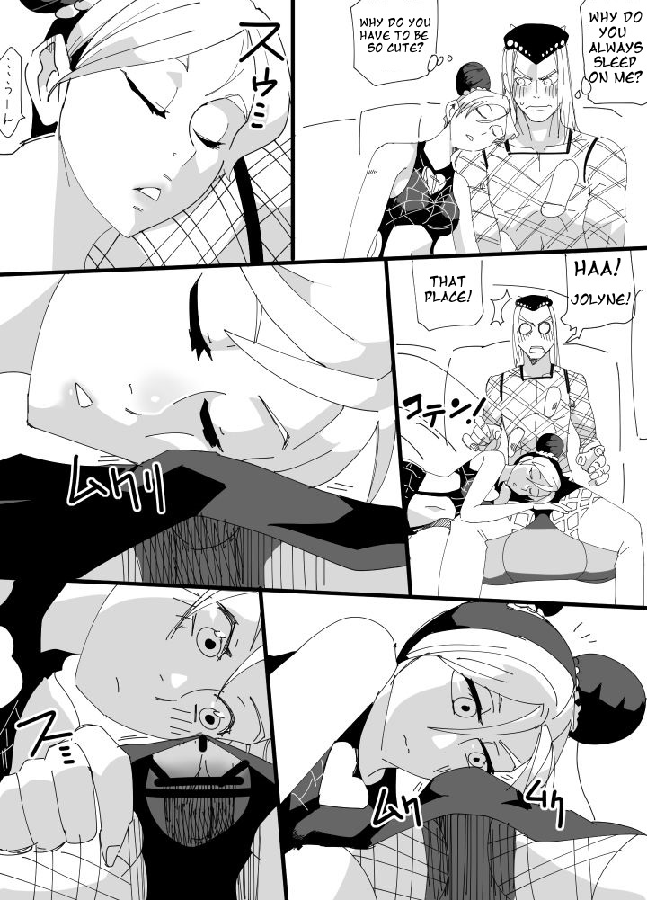 braided_hair bulge censored doujinshi dyed_hair fishnets hair_buns hat head_on_lap jojo's_bizarre_adventure jolyne_kujo long_hair monochrome narciso_anasui sleeping speech_bubble stone_ocean text waking_up