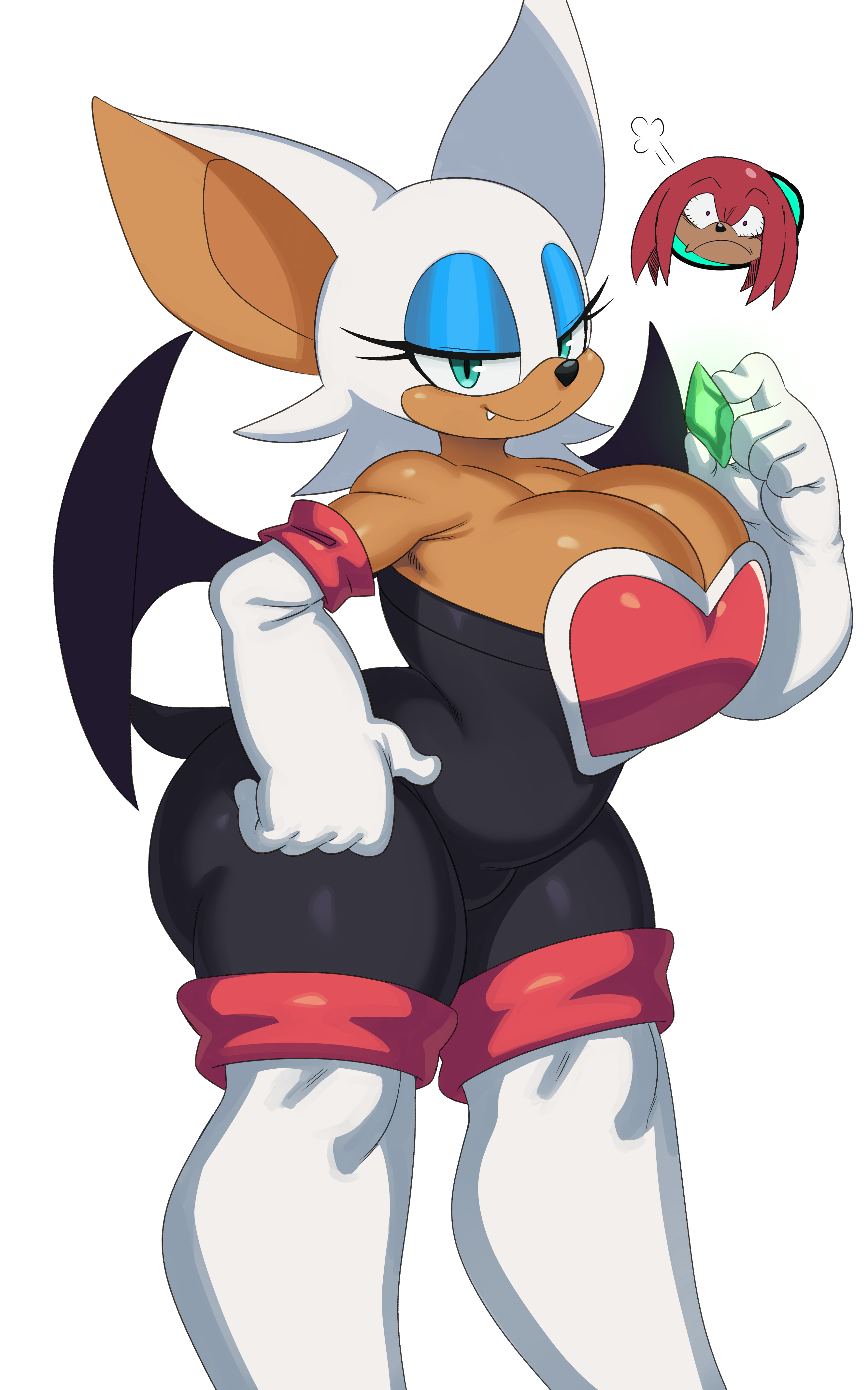 1boy, 1girls, 2021, ass, ass too big, barely contained, barely contained breasts, barely fits, bat, big ass, big ass (female), big breasts, big butt, big ears, breast squeeze, breasts, breasts too big, busty, echidna, eyelashes, fangs, female, fully clothed, furry, gloves, green eyes, hi res, highres, hips, huge ass (female), imminent wardrobe malfunction, knuckles the echidna, male, master emerald shard, narrowed eyes, rouge the bat, sega, slightly chubby, slightly chubby female, sonic (series), sonic the hedgehog (series), sssonic2, thick, thick thighs, tight clothes, tight clothing, tight fit, tight fitting clothing, tight suit, video games, white background, white fur, wide hips, wings