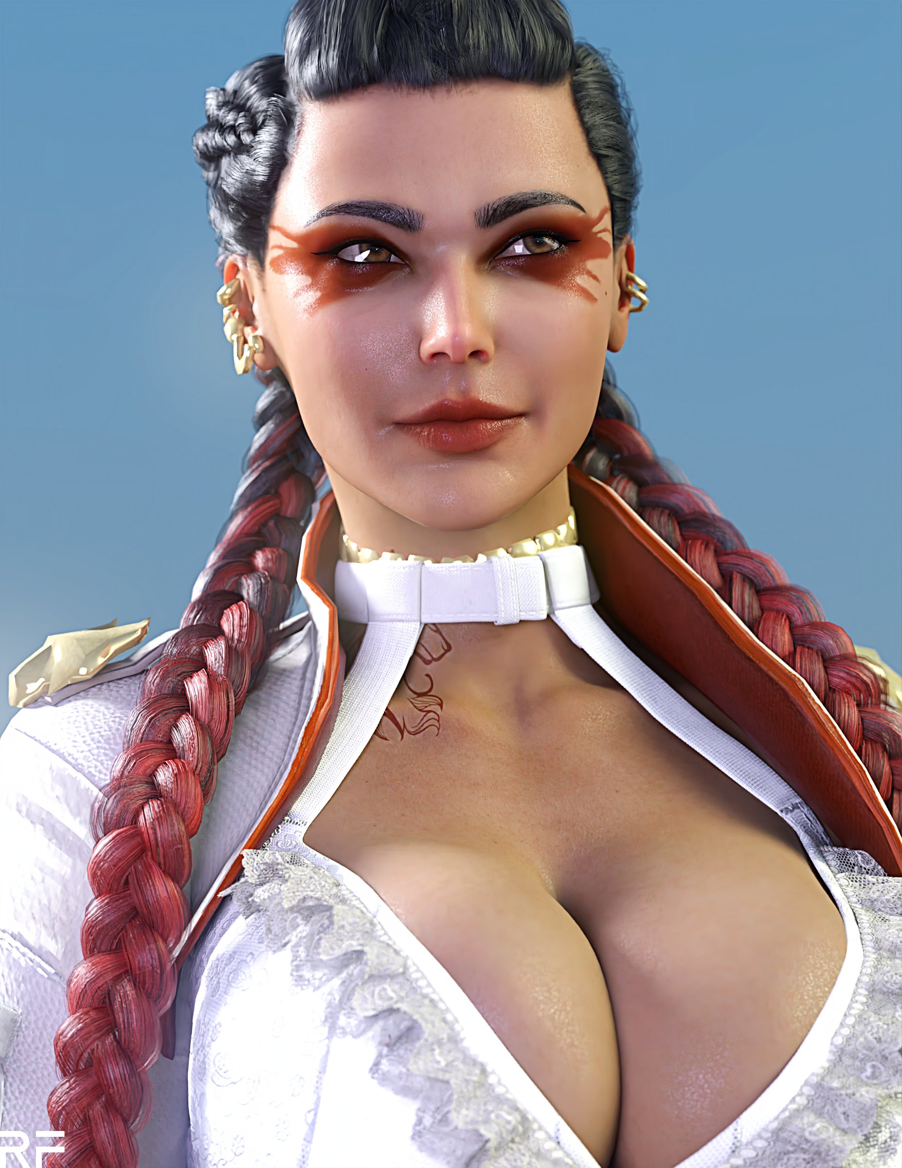 1girls, 3d, apex legends, big breasts, black hair, braided twintails, breasts, cleavage, dark skin, dark-skinned female, earrings, female, female only, gal gadot, large breasts, latina, lipstick, loba (apex legends), looking away, red hair, rude frog, smile, solo, tattoo, two-tone hair
