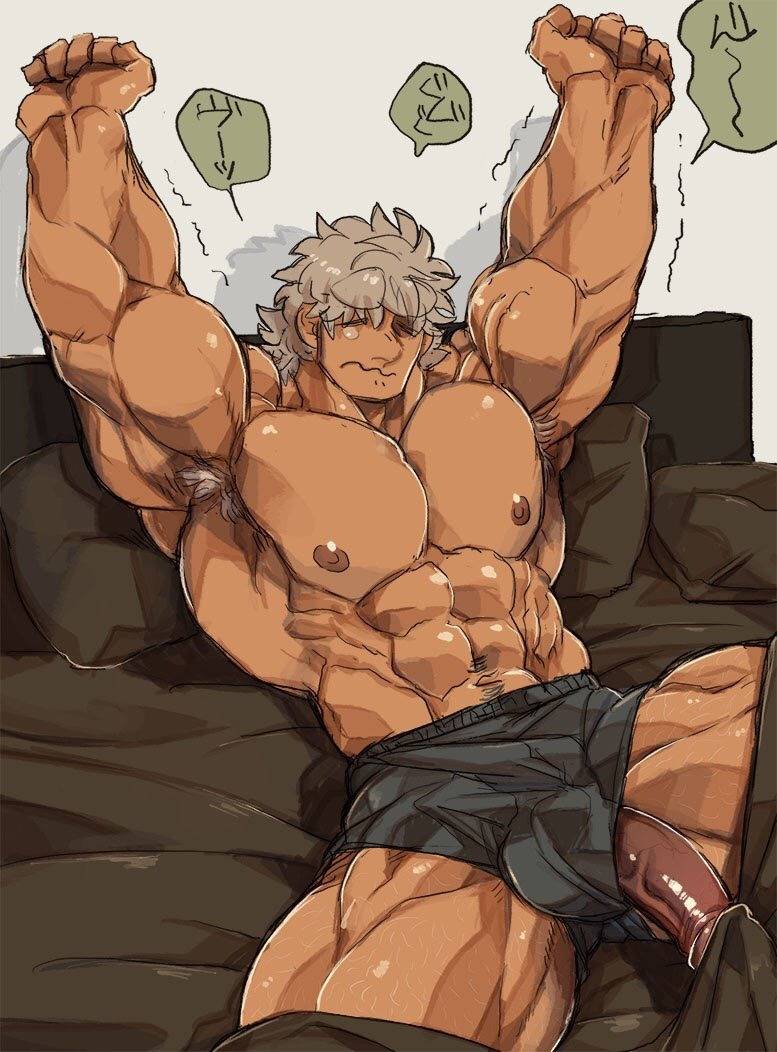 1boy, bara, bed, big arms, boner, boxer briefs, dilf, erection, huge pecs, hunk, male, male only, marototori, morning erection, morning wood, muscular, penis, penis down, penis out, penis slip, solo, solo male, stretching, thick thighs, tired, wardrobe malfunction, yaoi, yawn