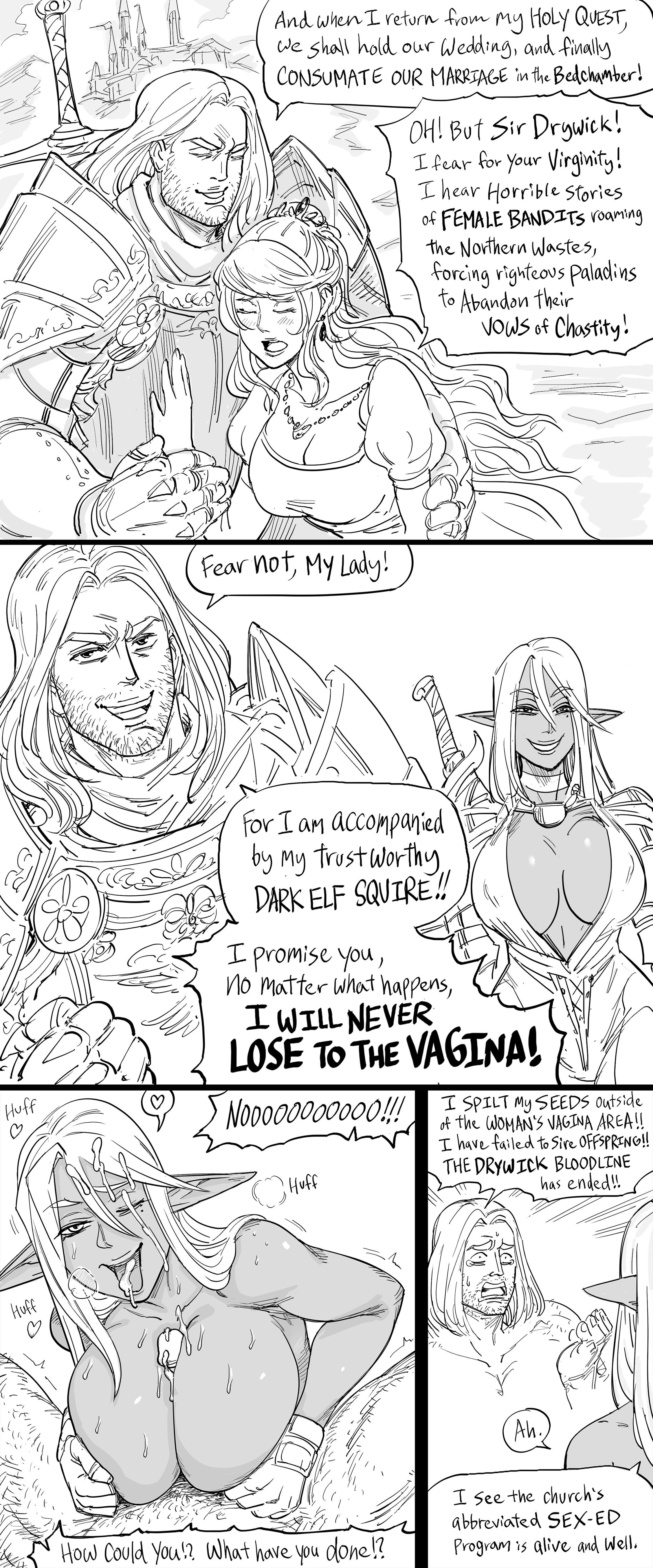 1boy, 2girls, armor, bb (baalbuddy), big breasts, breasts, cheating, cleavage, comic, cuckquean, cum, cum on closed eye, dark elf, dark skin, dark-skinned female, elf, erect nipples, facial, fantasy, female, funny, glans, gloves, human, interspecies, knight, large breasts, line art, male, male human/female elf, monochrome, nipple bulge, nipples, paizuri, penis, pointy ears, pubic hair, revealing clothes, skimpy, smile, smiling, tagme, tongue, tongue out