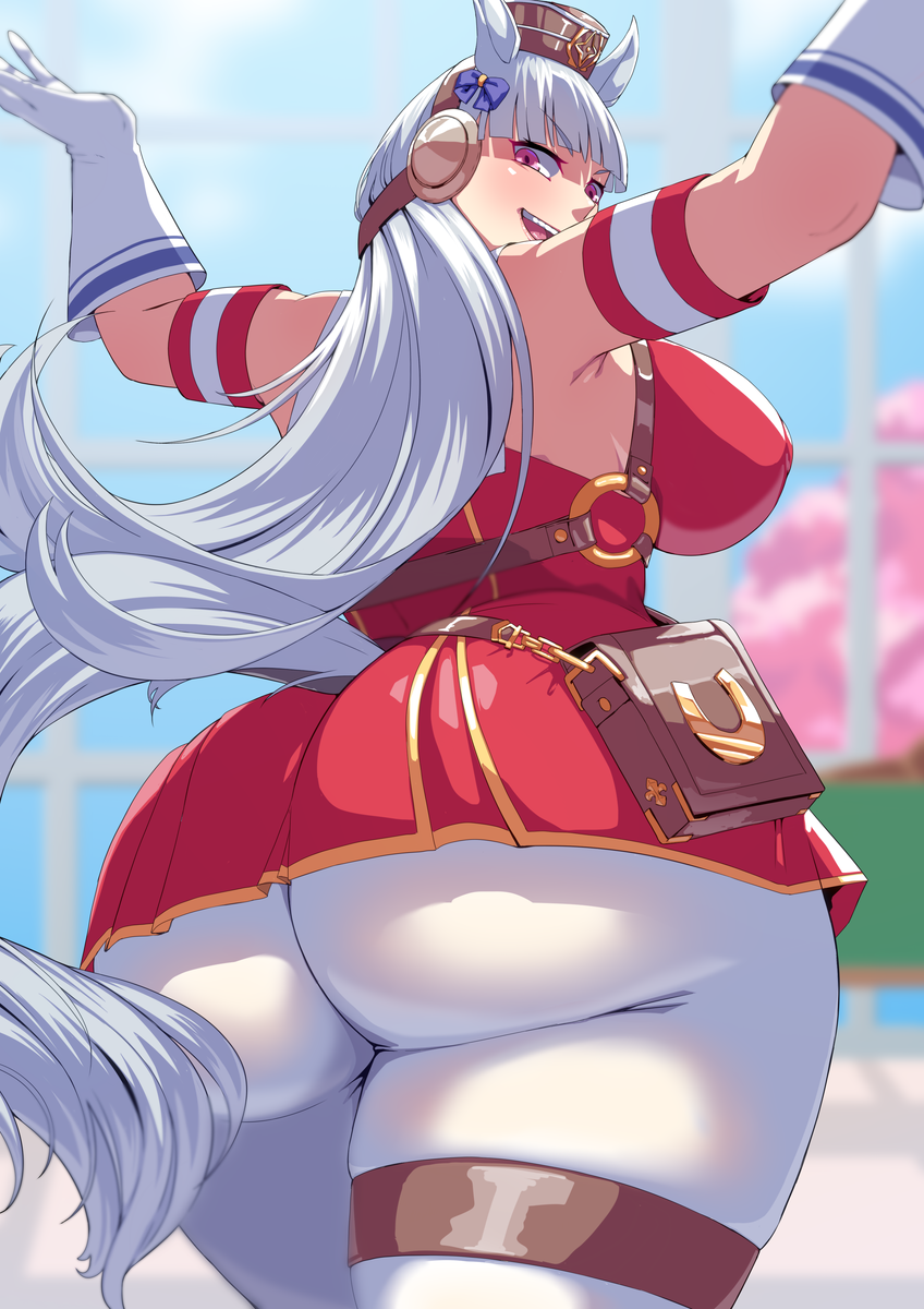 animal_ears armpits arms_up ass ass_focus big_ass breasts clothing dat_ass female female_only gloves gold_ship_(umamusume) hat horse_girl huge_ass huge_breasts long_hair looking_back plump_ass solo thick_thighs umamusume voluptuous white_hair wide_hips yu02j0