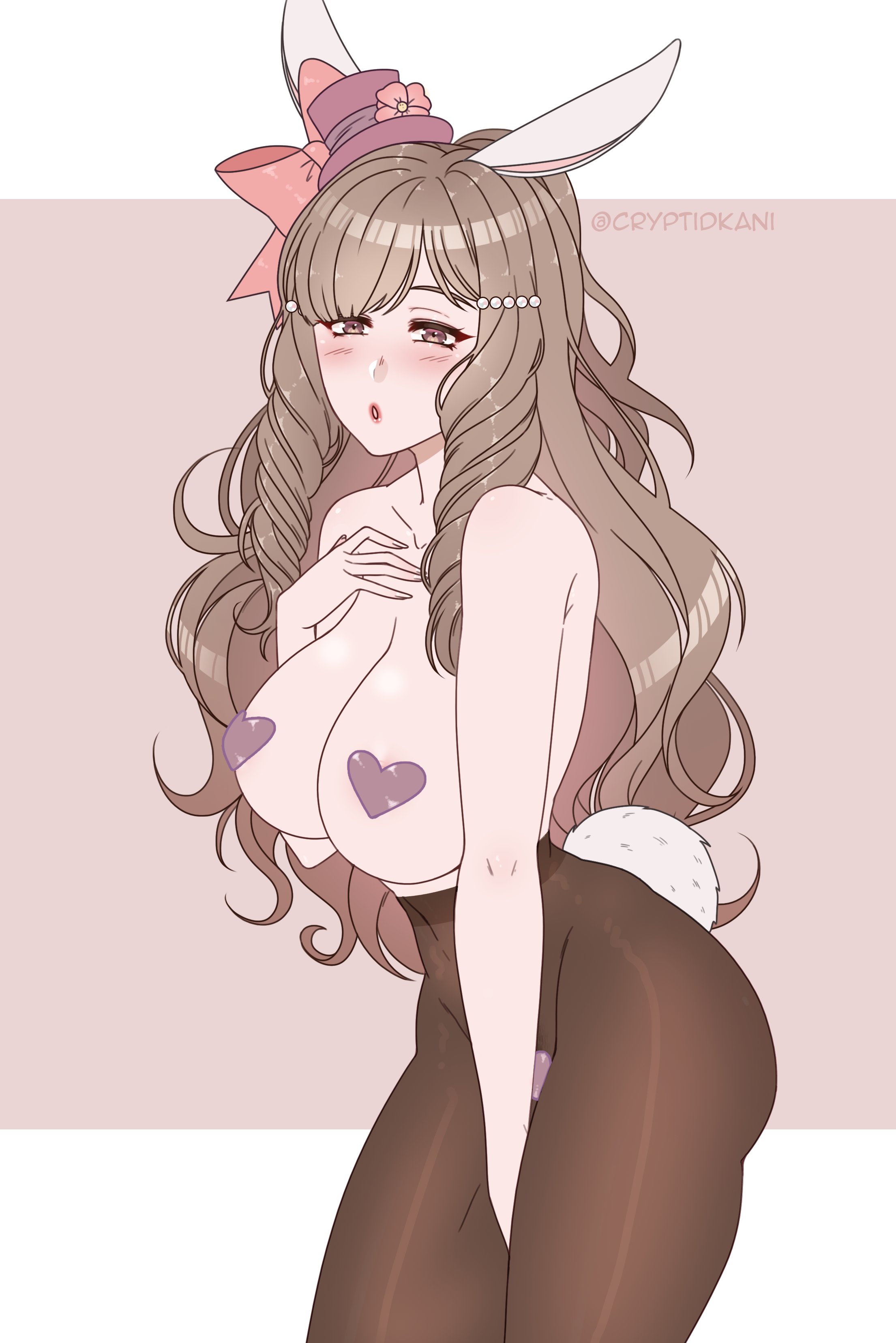 1girls, alternate costume, bare shoulders, big breasts, breasts, brown eyes, brown hair, bunny ears, bunny girl, bunnysuit, cryptid crab, female, fire emblem, fire emblem awakening, large breasts, long hair, nintendo, open mouth, pantyhose, pasties, solo, solo female, sumia (fire emblem), topless, wavy hair