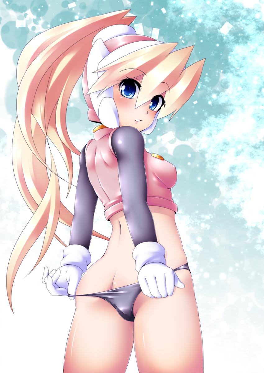 1girls 2d ass blonde_hair bottomless breasts ciel_(mega_man) erect_nipples mega_man mega_man_zero nipple_bulge semikichi sideboob small_breasts solo tagme undressing