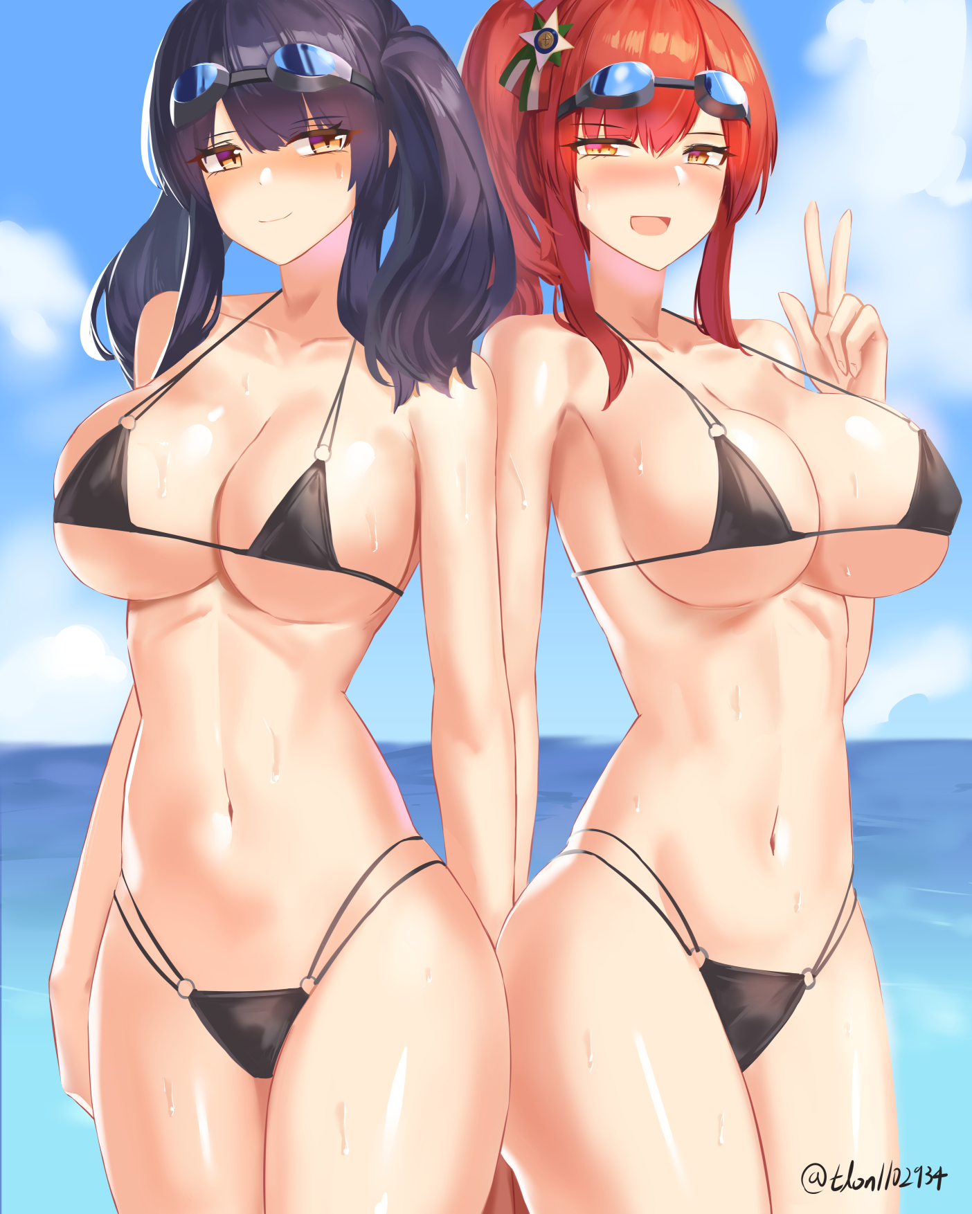 2girls, azur lane, bikini, black bikini, black hair, blue sky, blush, breasts, cleavage, cloud, cowboy shot, eyewear on head, female, goggles, goggles on head, highres, italian flag, large breasts, light skin, light-skinned female, long hair, micro bikini, moroes, multiple females, multiple girls, multiple straps, navel, ocean, orange eyes, outdoors, pola (azur lane), red hair, sardegna empire (azur lane), shiny, shiny skin, sidelocks, sky, swimsuit, swimwear, twintails, w, wet, yellow eyes, zara (azur lane), zara (poolside coincidence) (azur lane)