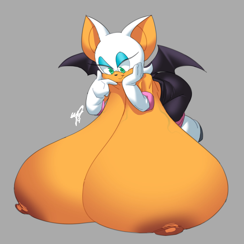 absurd res, anthro, armwear, bat, big breasts, boris grim, breast press, breasts, chiropteran, clothing, elbow gloves, eyeshadow, female, gigantic breasts, gloves, green eyes, grey background, handwear, hi res, huge breasts, hyper, hyper breasts, makeup, mammal, nipples, rouge the bat, sagging breasts, simple background, solo, sonic (series), sonic the hedgehog (series), veiny breasts