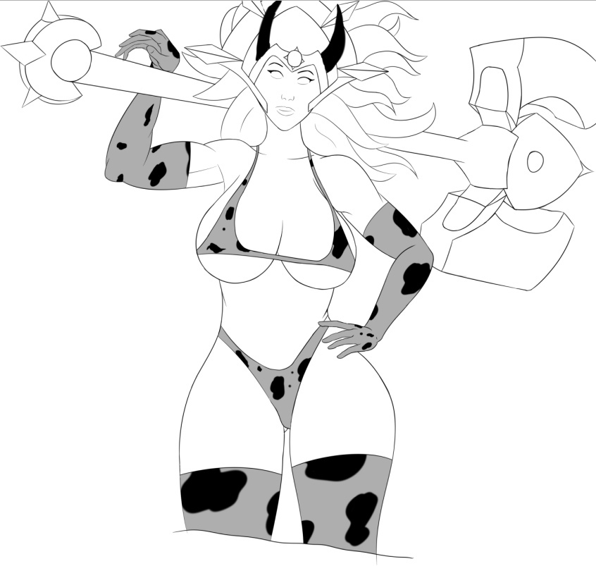 1girls breasts cow_bikini cow_horns cow_print dota_2 female gloves hammer helmet large_breasts monochrome sketch sunday322 tagme valora_the_dawnbreaker weapon