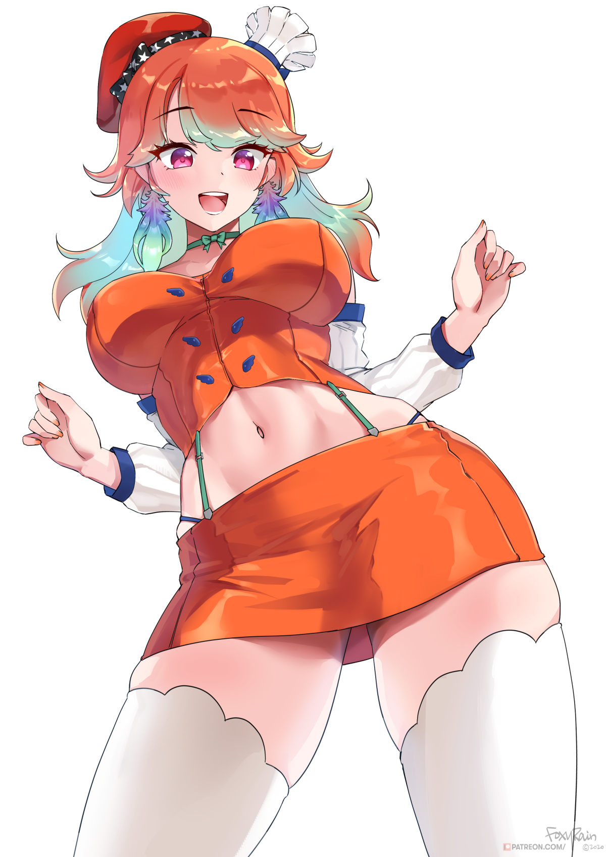 :d, 1girls, anime style, armwear, bare shoulders, beret, chef hat, cleavage, detached sleeves, female, foxy rain (foxyreine), foxyrain (foxyreine), foxyreine, from below, fully clothed, hat, hololive, hololive english, hololive myth, microskirt, midriff, miniskirt, multicolored hair, multiple hats, navel, orange hair, orange hat, orange shirt, orange skirt, purple eyes, red beret, red hat, shirt, short skirt, skirt, solo, stockings, stomach, takanashi kiara, takanashi kiara (1st costume), thick thighs, thigh gap, thighhighs, thong, vest, virtual youtuber, white armwear, white background, white legwear, white stockings, white thighhighs, wholesome
