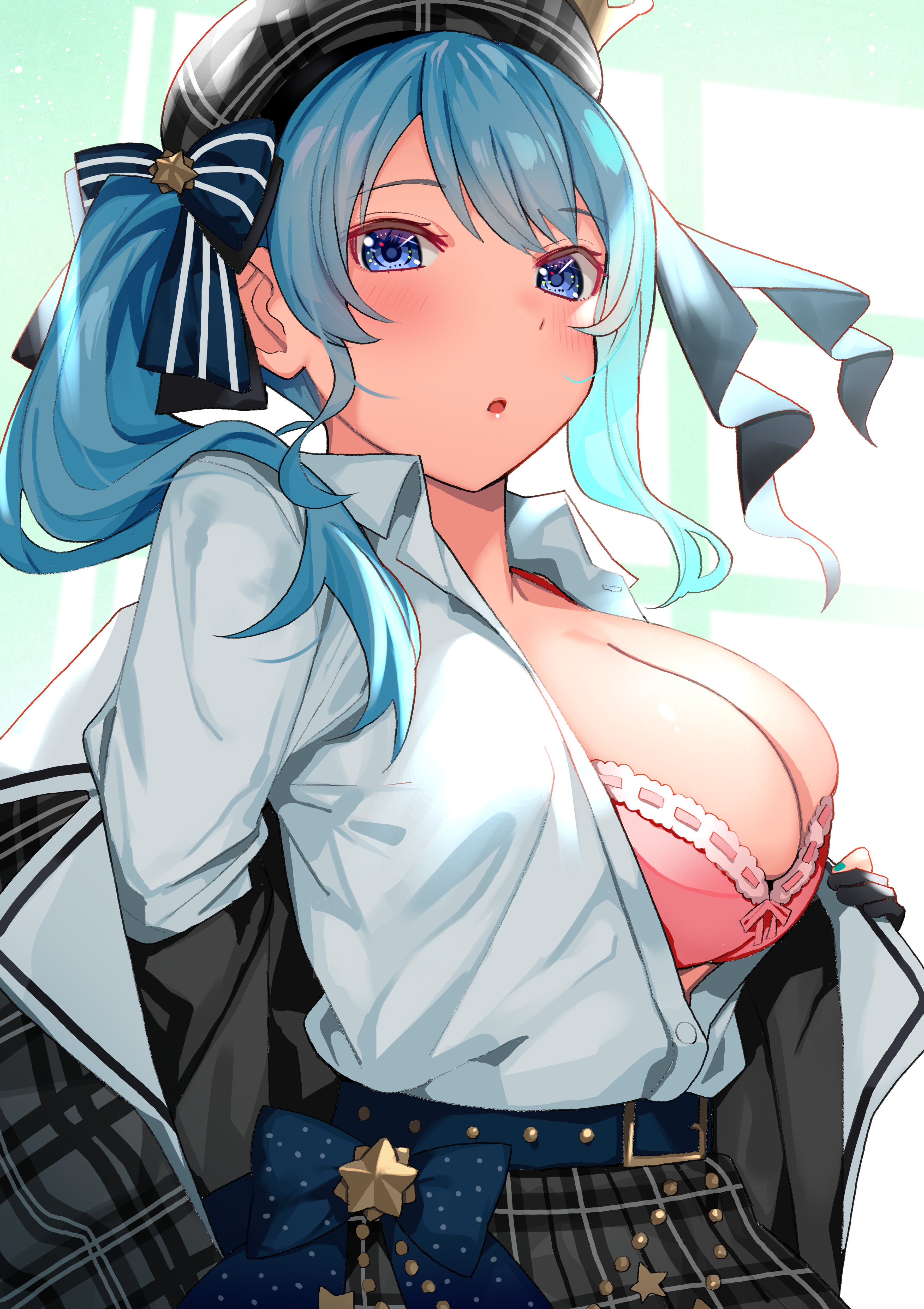 :o, big breasts, blue eyes, blue hair, bra, breasts, cleavage, female, highres, hololive, hololive gen 0, hololive japan, hoshimachi suisei, open shirt, tonarikeru, unbuttoned, virtual youtuber