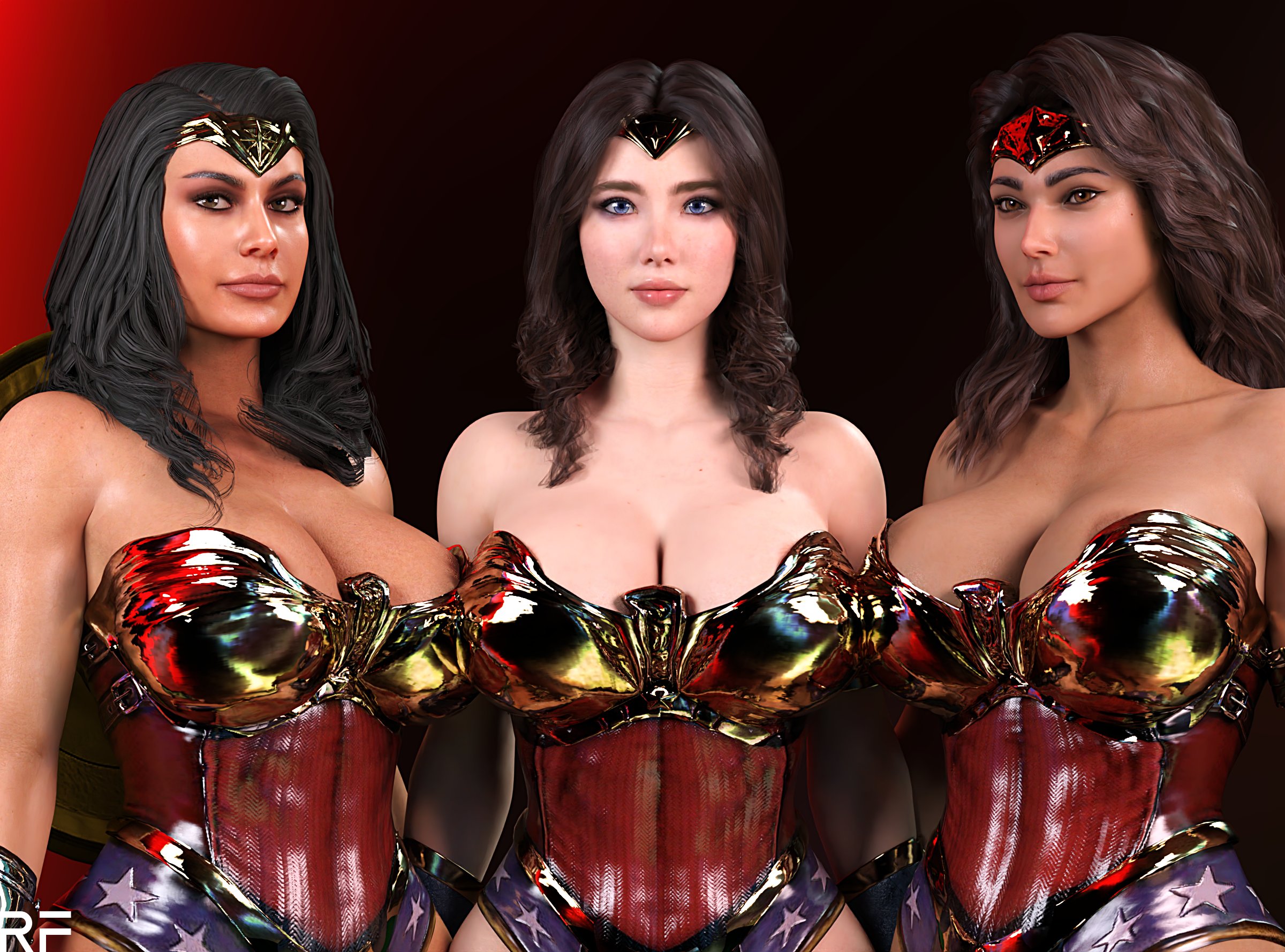 3d, 3girls, actress, areola slip, areolae, black hair, blue eyes, breasts, brown eyes, brown hair, camila mendes, celebrity, cleavage, corset, crossover, dc, dc comics, dc extended universe, female, female only, fit, fully clothed, gal gadot, injustice 2, large breasts, long hair, looking at viewer, multiple females, multiple girls, multiple versions, olive skin, pale skin, real person, realistic, rude frog, smile, superheroine, tan skin, tiara, wonder woman, wonder woman (series)