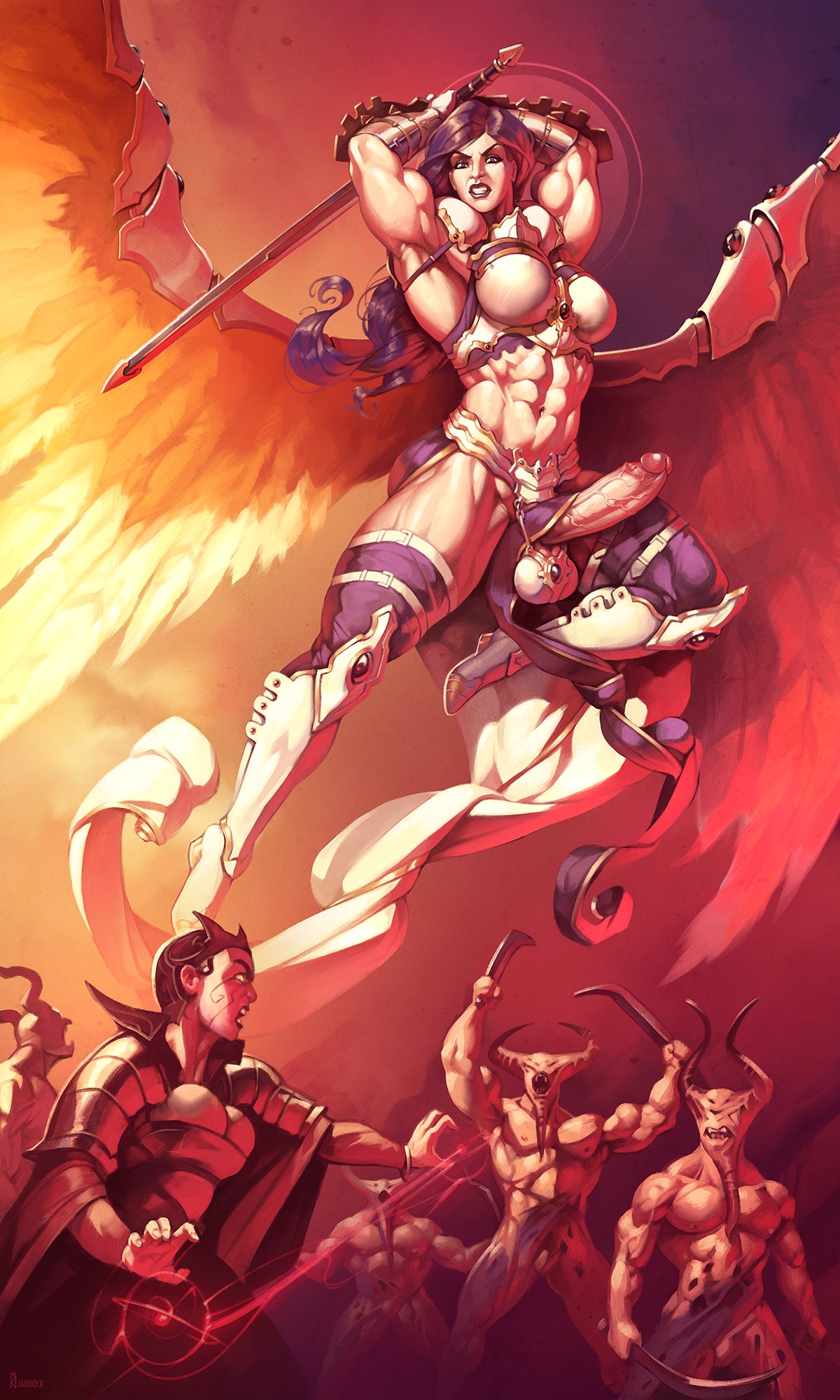 1futa 1girls 4boys abs akroma angel angry armor armpits ball_bra big_balls big_breasts big_penis breasts casual casual_erection casual_exposure cleavage clothing demon erection female fighting flying futa_focus futanari genitalwear hips human intersex janrock magic_the_gathering male muscles muscular muscular_futanari pale-skinned_futanari pale_skin penis pose purple_hair solo_focus sword thick_thighs thighs veiny_penis weapon wings