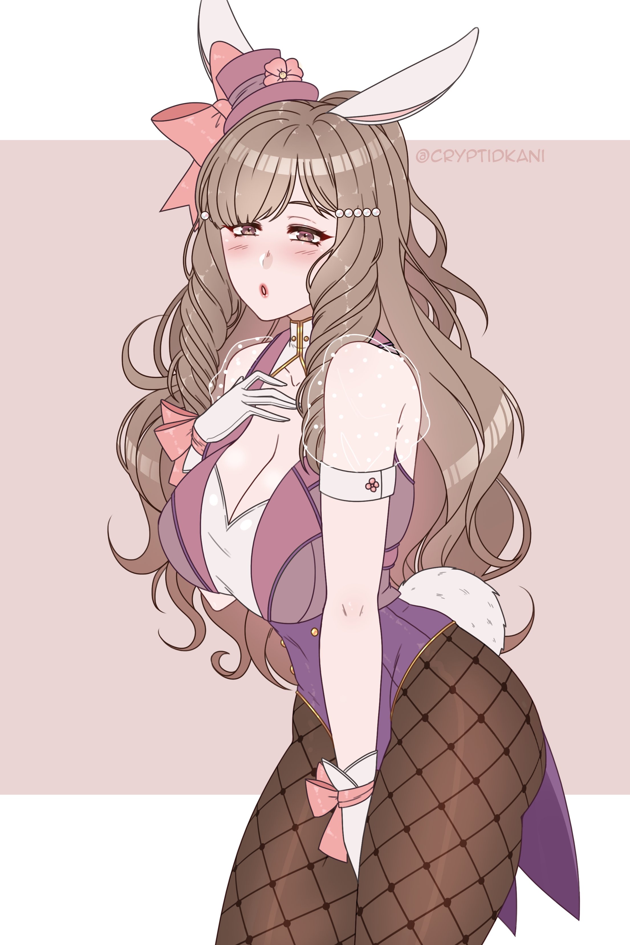 1girls, alternate costume, big breasts, breasts, brown eyes, brown hair, bunny ears, bunny girl, bunnysuit, cleavage, cryptid crab, female, fire emblem, fire emblem awakening, fishnet legwear, fishnet stockings, fishnets, fully clothed, large breasts, long hair, nintendo, open mouth, pantyhose, solo, solo female, sumia (fire emblem), wavy hair