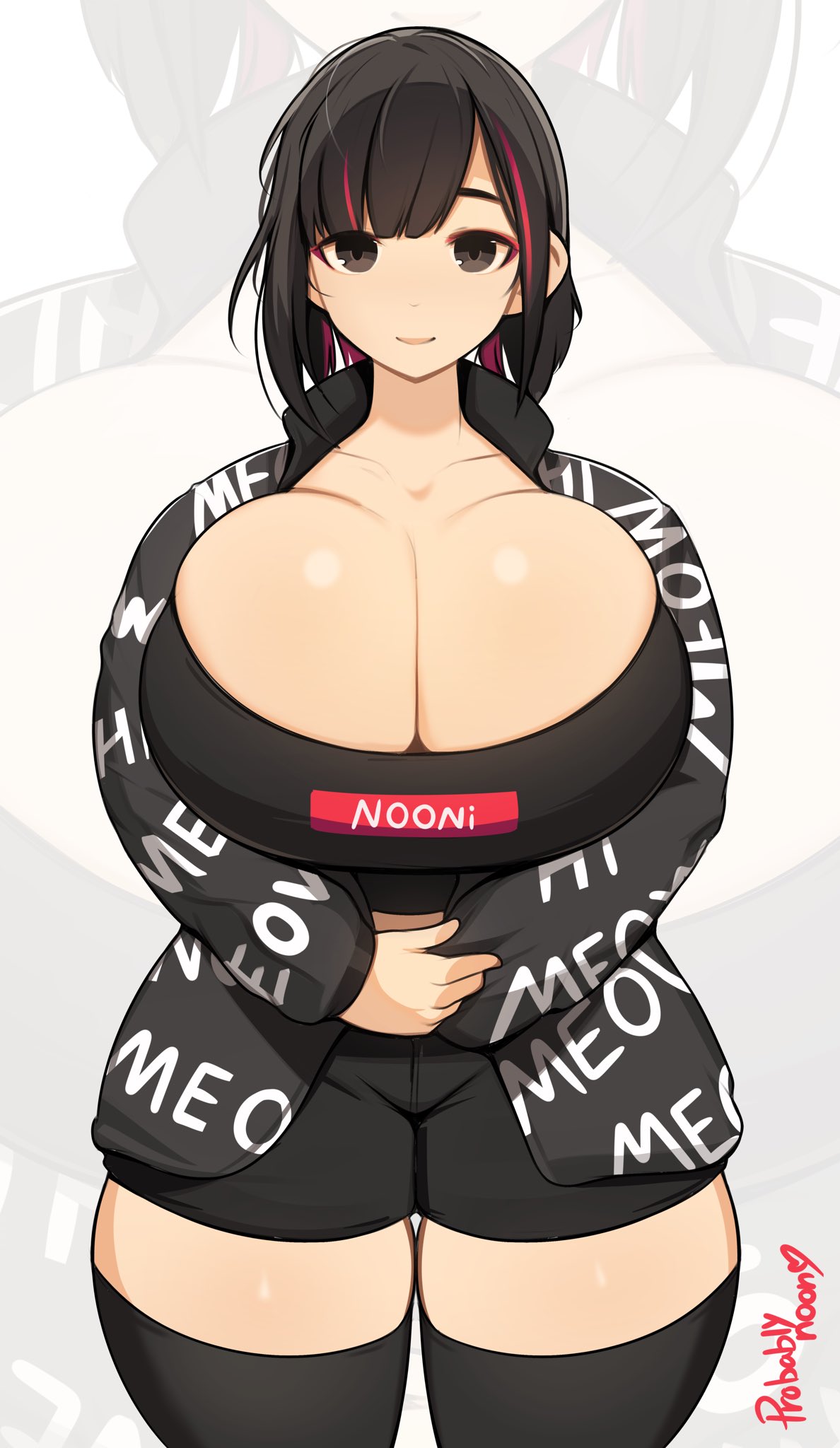 big_breasts black_hair black_legwear breasts cleavage colored drip_jacket enormous_breasts female female_focus female_only huge_breasts looking_at_viewer meme meme_attire original_character probablynoon shorts squished_breasts supreme thick_thighs thighhighs thighs