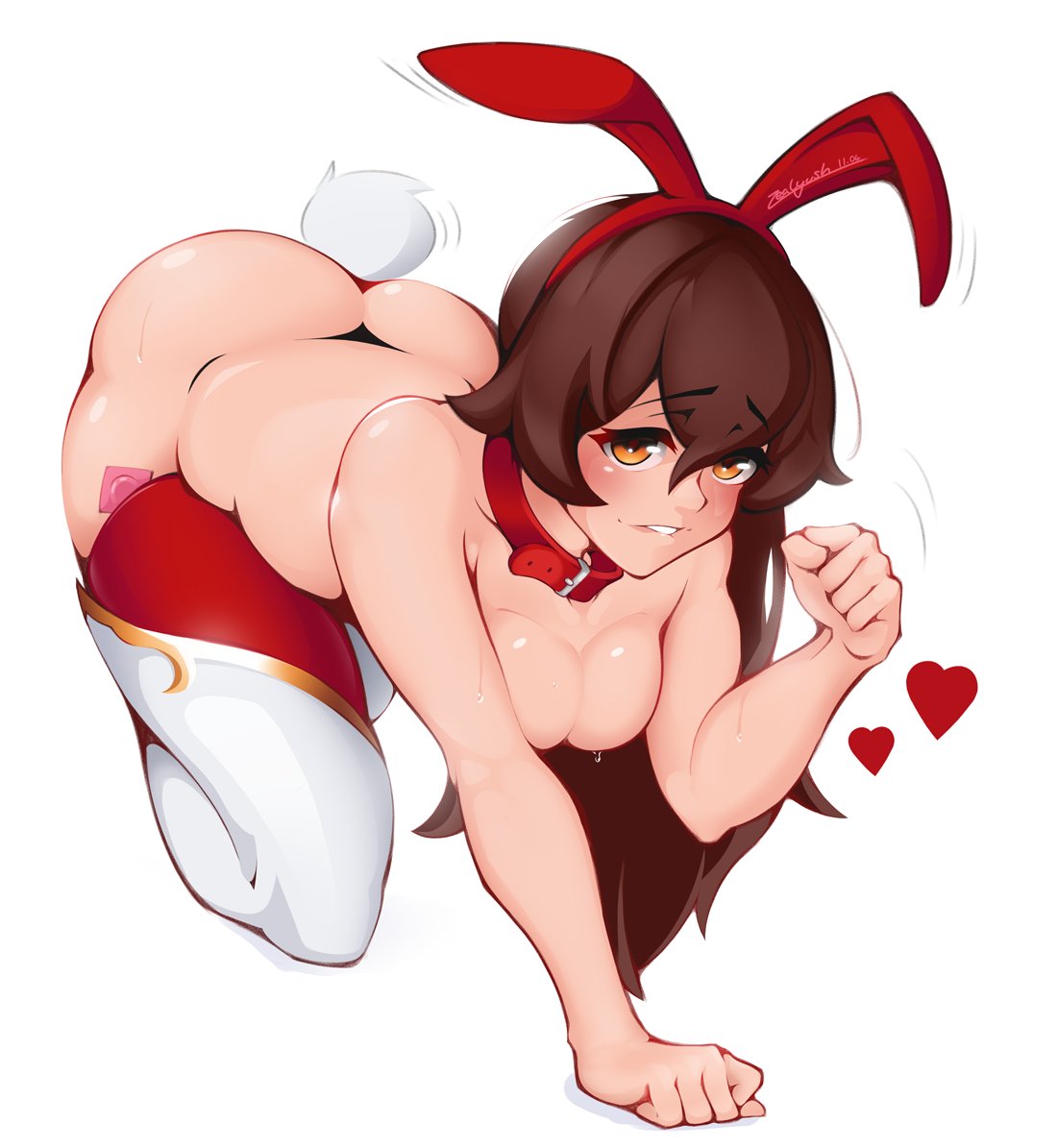 1girls, all fours, amber (genshin impact), ass, bedroom eyes, bent over, big breasts, biting lip, blush, boots, breasts, brown hair, bunny ears, bunny tail, collar, condom, female, genshin impact, large breasts, long hair, skindentation, solo, sweat, thigh boots, thighhigh boots, thighhighs, wide hips, zealyush