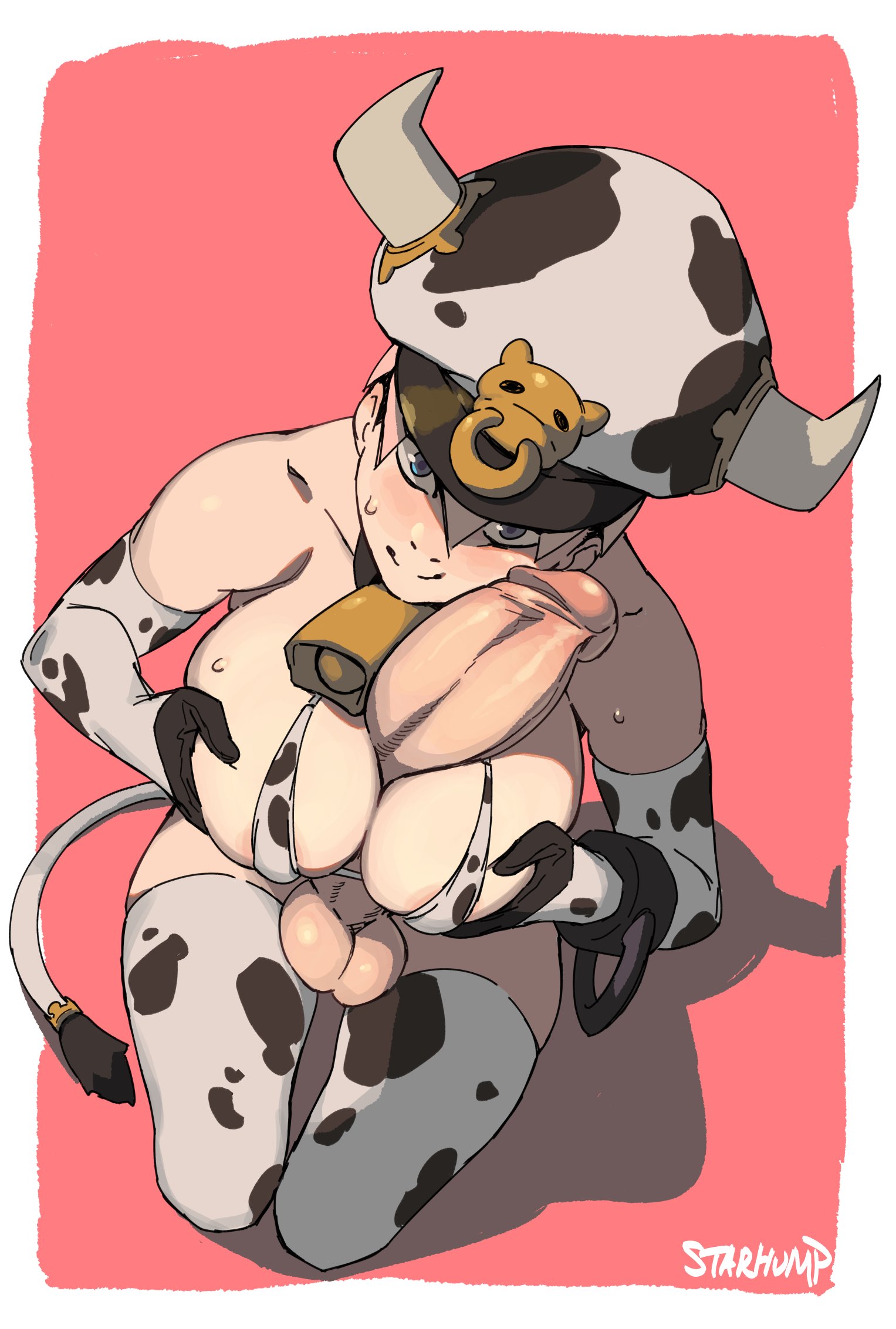 1futa, armwear, autopaizuri, balls, big balls, bikini, blue eyes, breasts, choker, clothed, clothing, cow print, cow tail, cowbell, dickgirl, freya (starhump), futa only, futanari, hat, high-angle view, horns, huge cock, intersex, large breasts, looking at viewer, looking up, masturbation, mostly nude, on knees, paizuri, pale skin, penis, penis on face, pink hair, sitting, solo, starhump, sweat, tail, thighhighs