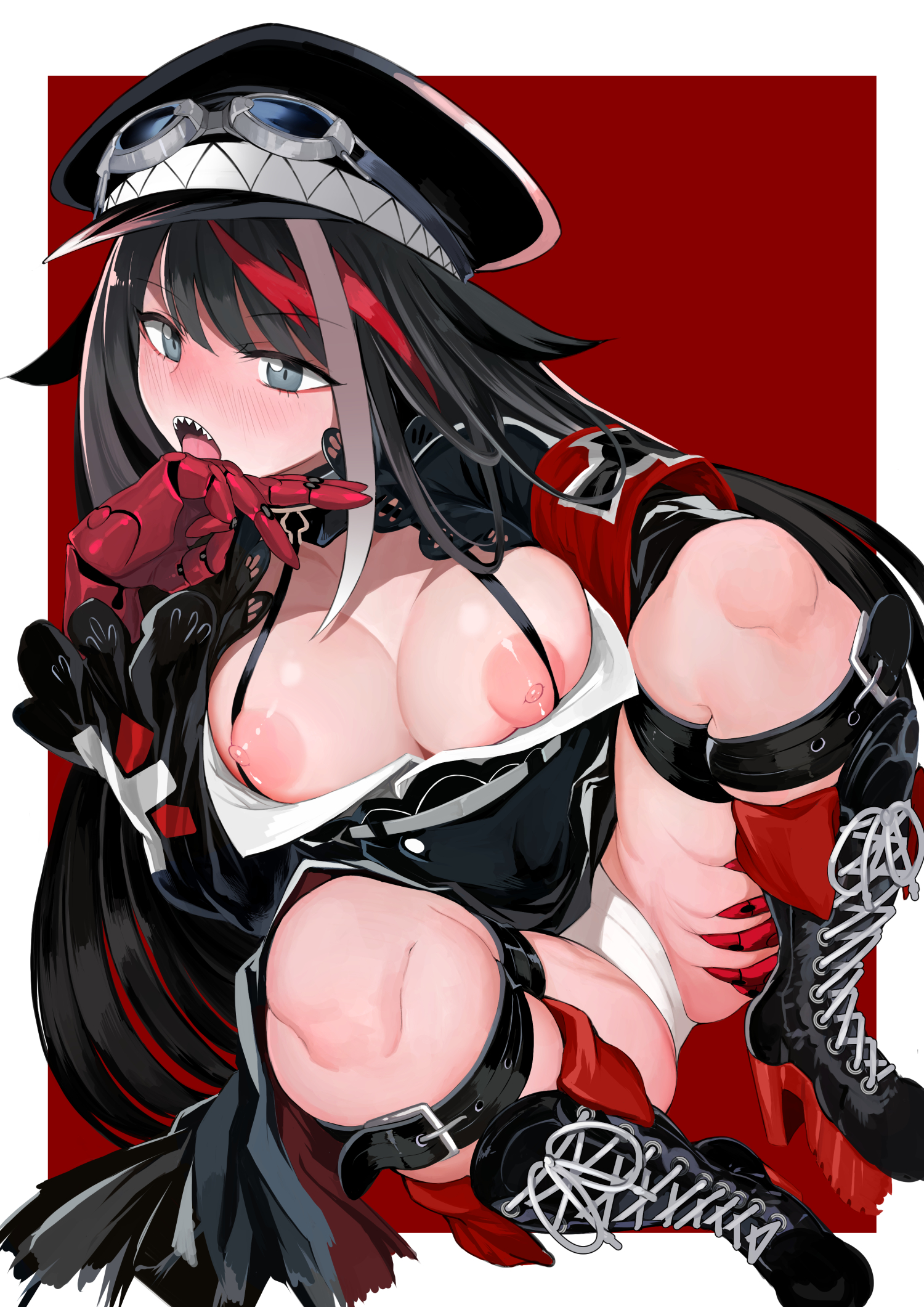 armband, azur lane, belt, black footwear, black hair, black headwear, blue eyes, boots, breasts, breasts out, cameltoe, cross-laced footwear, deutschland (azur lane), female, gauntlets, goggles, goggles on headwear, hat, highlights, highres, lace-up boots, large breasts, long coat, long hair, multicolored hair, nipples, peaked cap, pussy, red hair, sharp teeth, solo, takeakigaku, teeth, very long hair, white hair