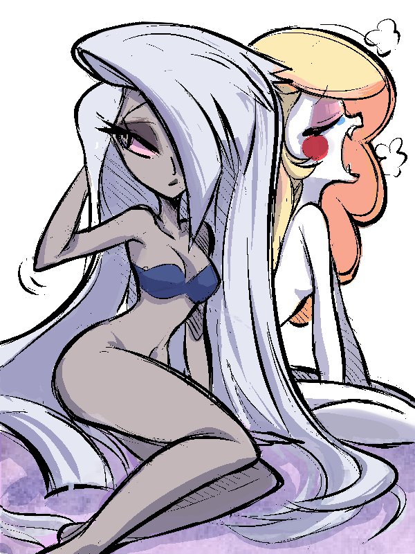 2girls, artist request, canon couple, charlie morningstar (hazbin hotel), female, hazbin hotel, multiple females, multiple girls, vaggie (hazbin hotel), vivienne medrano, white background, yawn, yuri