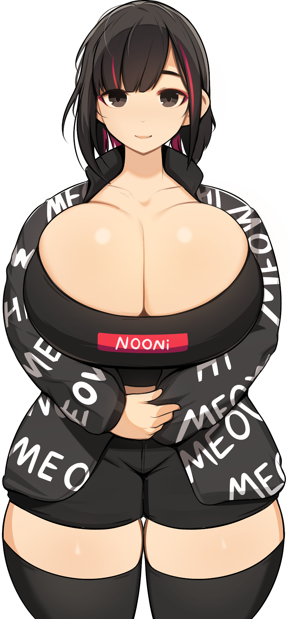 big_breasts black_hair black_legwear breasts cleavage colored drip_jacket enormous_breasts female female_focus female_only huge_breasts looking_at_viewer meme meme_attire original_character pov probablynoon sheesh shorts squished_breasts supreme thick_thighs thighhighs thighs transparent_background two_tone_hair