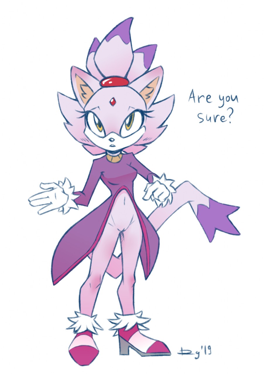 5_fingers anthro blaze_the_cat bottomless casual clothed clothing domestic_cat female fingers footwear forehead_jewel gem gloves hair handwear inner_ear_fluff mostly_nude navel pointing ponytail purple_body purple_hair pussy qrog shoes sonic_(series) white_body white_fur yellow_eyes