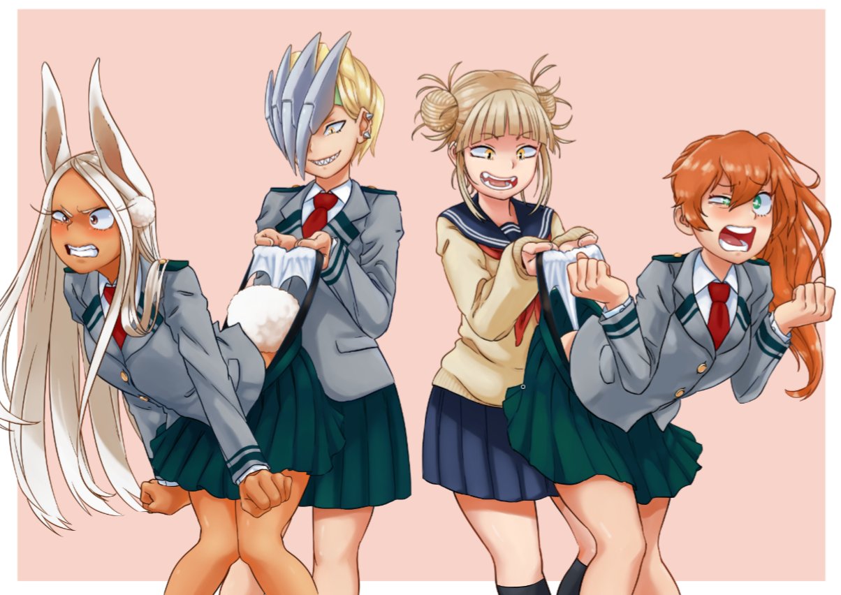 4girls, aged down, artist request, blonde hair, blonde-haired female, bunny ears, bunny tail, female, female only, himiko toga, itsuka kendou, kendou itsuka, long hair, miruko, multiple females, multiple girls, my hero academia, orange hair, orange-haired female, pulling panties, rumi usagiyama, ryuukyuu, school uniform, schoolgirl, shounen jump, tatsuma ryuuko, toga himiko, u.a. school uniform, usagiyama rumi, villain dom, wedgie, white hair, white-haired female