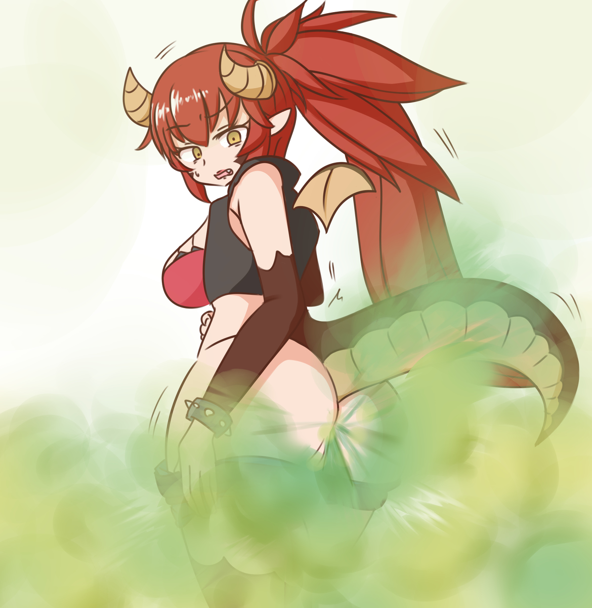bare ass, breasts, dragon girl, fart, fart cloud, fart fetish, female, full of gas, horns, red hair, tail, virtual youtuber, vshojo, yellow eyes, zentreya