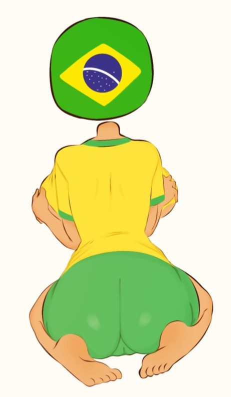 ass, backview, big ass, big breasts, brazil, brazil (countryhumans), brazilian flag, breast hold, breasts, clothing, countryhumans, countryhumans girl, feet, female, flawsy, green pants, holding breast, kneeling, yellow shirt