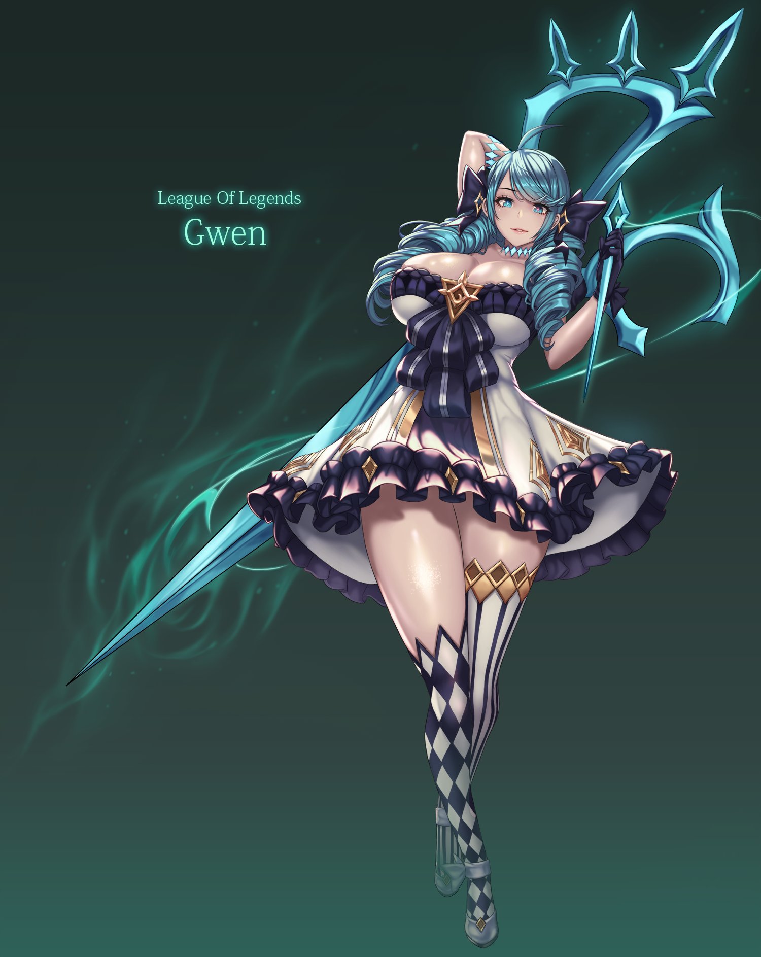 aged up, arm behind head, artist request, big breasts, blue eyes, blue hair, breasts, curly hair, dress, female, female focus, female only, gwen (league of legends), huge breasts, kneehighs, large breasts, league of legends, league of legends: wild rift, long hair, looking at viewer, mad kimo, scissor blade, scissors, solo, solo female, solo focus, thick, thick thighs, thighs, twin drills, twintails