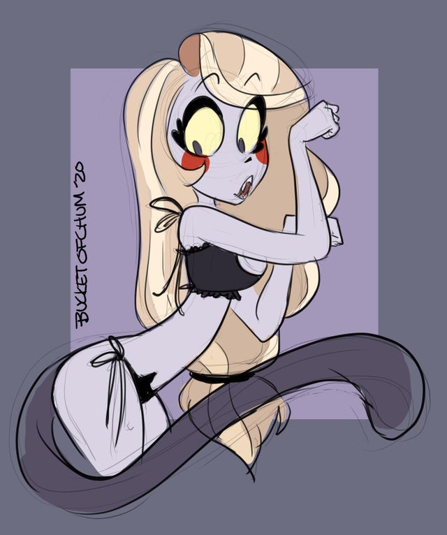 1girls, blonde, blonde hair, cat girl, cat tail, catgirl, charlie morningstar (hazbin hotel), female, hazbin hotel, light skin, light-skinned female, lingerie, pale skin, pale-skinned female, pose, posing, sharp teeth, solo, solo female, straight hair, tagme, tied hair, vivienne medrano
