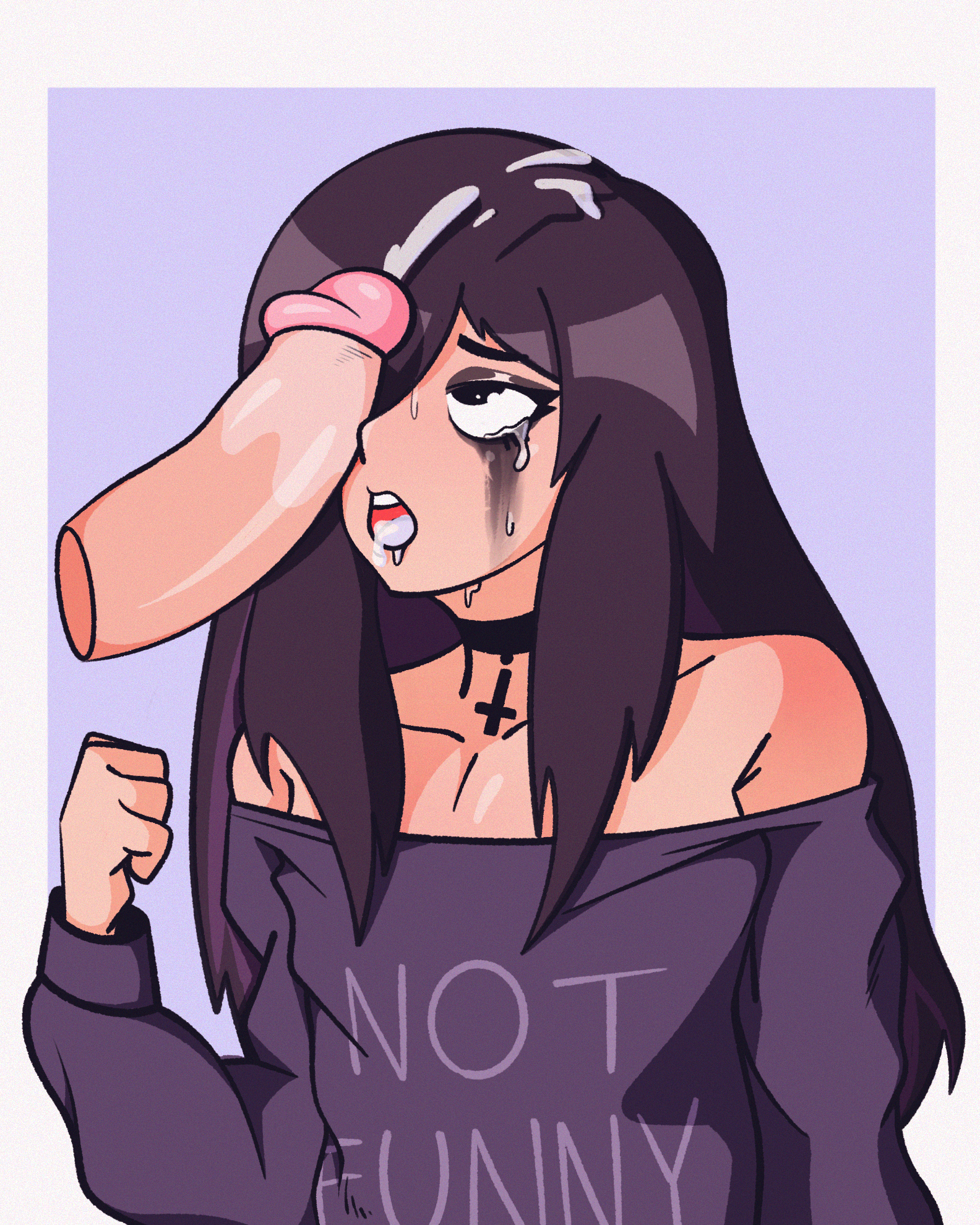 2021, 2boys, after oral, black hair, borrowed character, bro aniki, choker, cum, cum in mouth, cum on hair, femboy, gay, girly, goth, long hair, male, male only, mascara, off shoulder, original, penis, penis on face, roland bonhomme, runny makeup, sweater