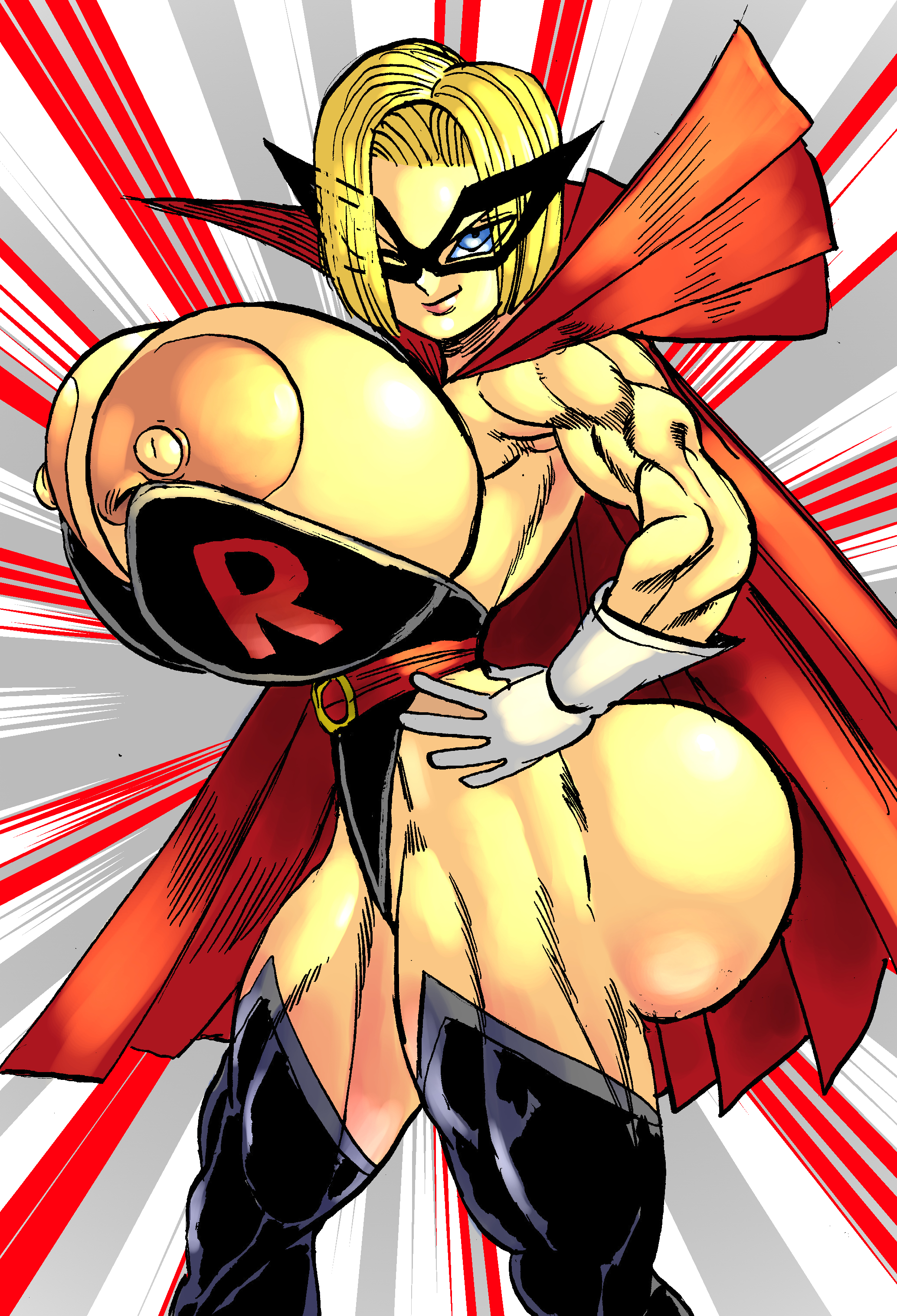 1girls, android 18, ass, big ass, big breasts, blonde hair, breasts, cape, dragon ball, dragon ball z, female, goudadunn, hi res, highres, huge ass, huge breasts, hyper breasts, large areolae, large ass, large breasts, muscular, muscular female, pinup, red ribbon army, red ribbon army symbol, solo, stockings, thin waist