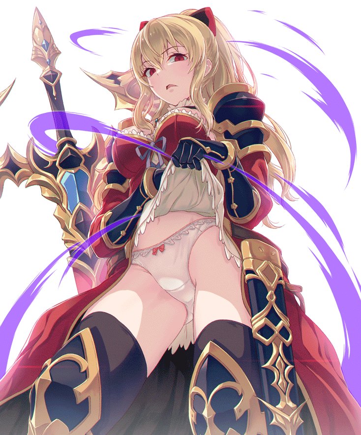 10s 1girls 40hara armor black_legwear blonde_hair breasts dress dress_lift female female_only gauntlets granblue_fantasy long_hair looking_at_viewer navel open_mouth panties red_eyes scabbard shoulder_armor simple_background solo sword thighhighs underwear unsheathed vira_lillie weapon white_background white_panties