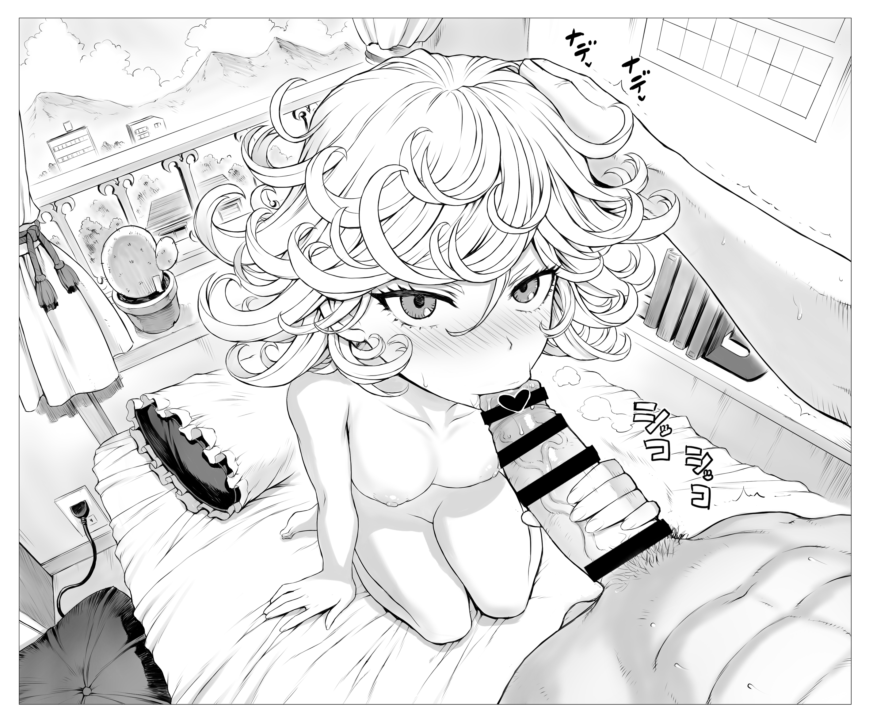 :>=, 1boy, 1girls, bar censor, censored, female, kneeling, male, mogudan, monochrome, naked, nude, nude female, on bed, one-punch man, oral, oral sex, tagme, tatsumaki